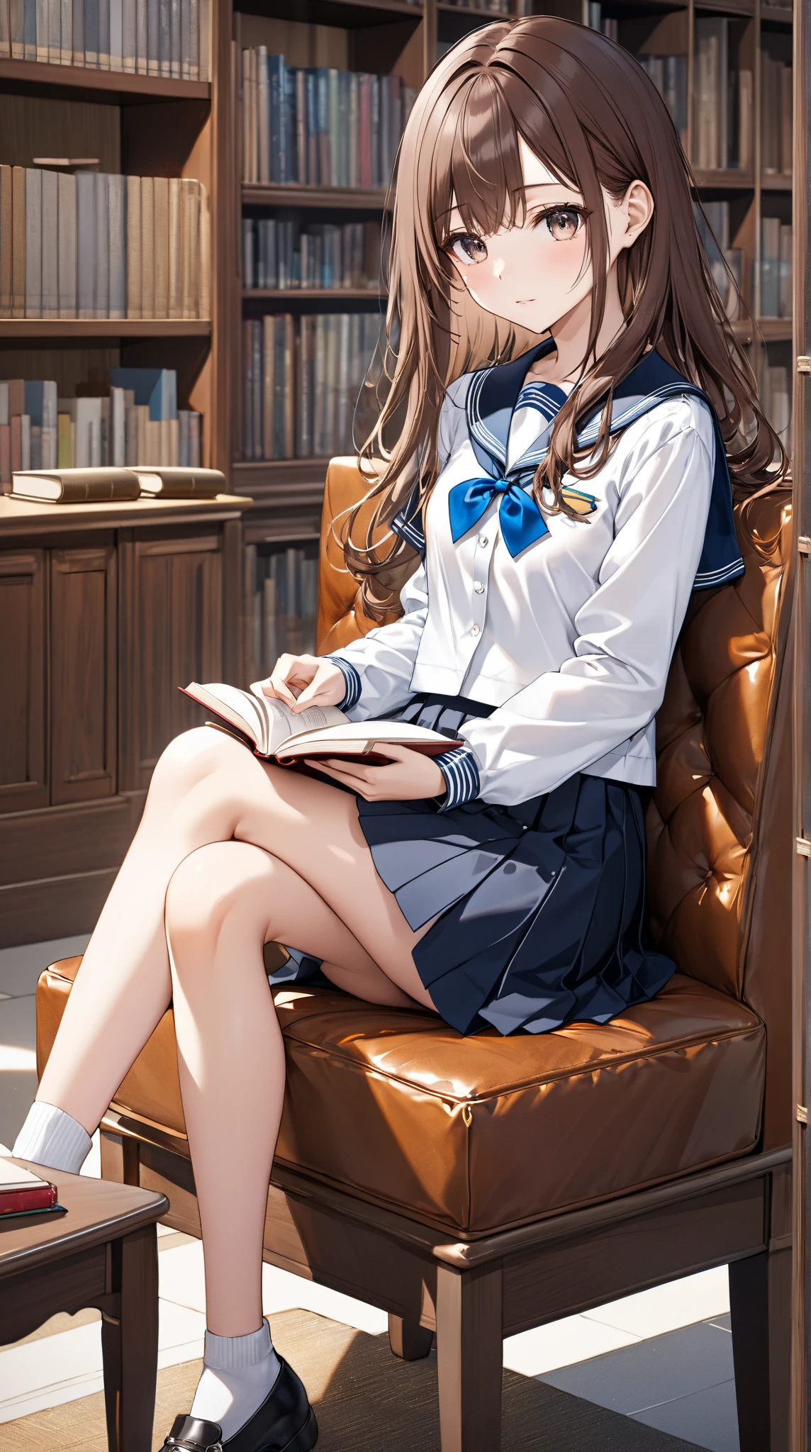 A 18-year-old girl with long brown hair 、Reading a book in the library。
background：A quiet corner of the library.
expression：Calm and intelligent expression.
Costume：high school uniform.
Pause：Sitting on a chair、Turning the pages.
scene：Concentrate on her book in a quiet environment、A relaxing and informative time.
(Detailed fingers), (Emotional), (Breathtakingly beautiful), (whole body), (Anime Style), (Very detailed), (超High resolution, High resolution), (8k), (Complex and beautiful: 1.2).
