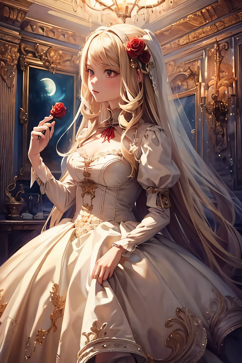 ( masterpiece,  top quality,  top quality,  Official Art,  Beautiful and Aesthetic :1.2), ( girl),  very well detailed,( fractal art:1.3), colorful, most detailed, long blond hair , red eyes, Moonlight Night  , Rose