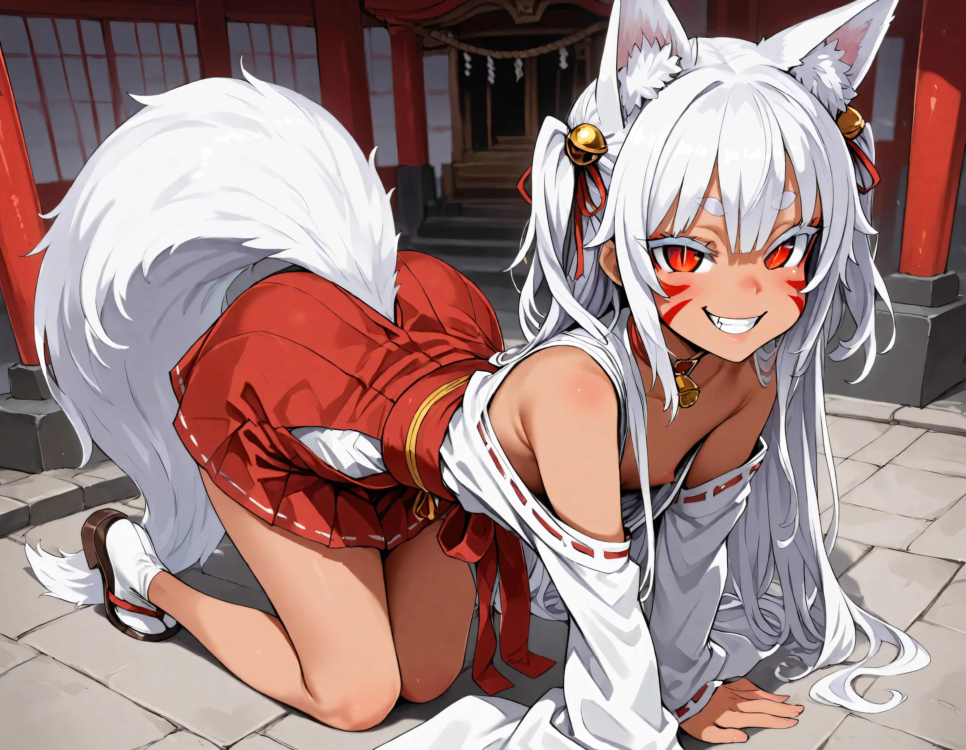 (best quality, highest quality:1.2), masterpiece, Ultra-high resolution, rich contrasts, HD, 8k, fine skin, no makeup, ideal ratio body proportions, from behind,
1girl, anime girls, asanagi style, mesugaki, dark skin, tan, red eye, slit pupils, ((white fox ear, white fox tails)), Wicked Smile, evil grin, fang,
very long two side up, white Hair, thick eyebrows, red highlights hair, Hair ribbon bell, bell choker, bimbo, ((dim body)), flat_chest, (facial mark), 
nontraditional miko, bare shoulders, miko, red obi sash, red short skirt, skirt cutout, shirt in, downblouse, on all fours,
looking at viewer, lewd, cute, big eyes, ero, ecchi, Sitting with Knees Up,
Score_9,Score_8,score_7_up,source_anime, rating_questionable, shrine,
