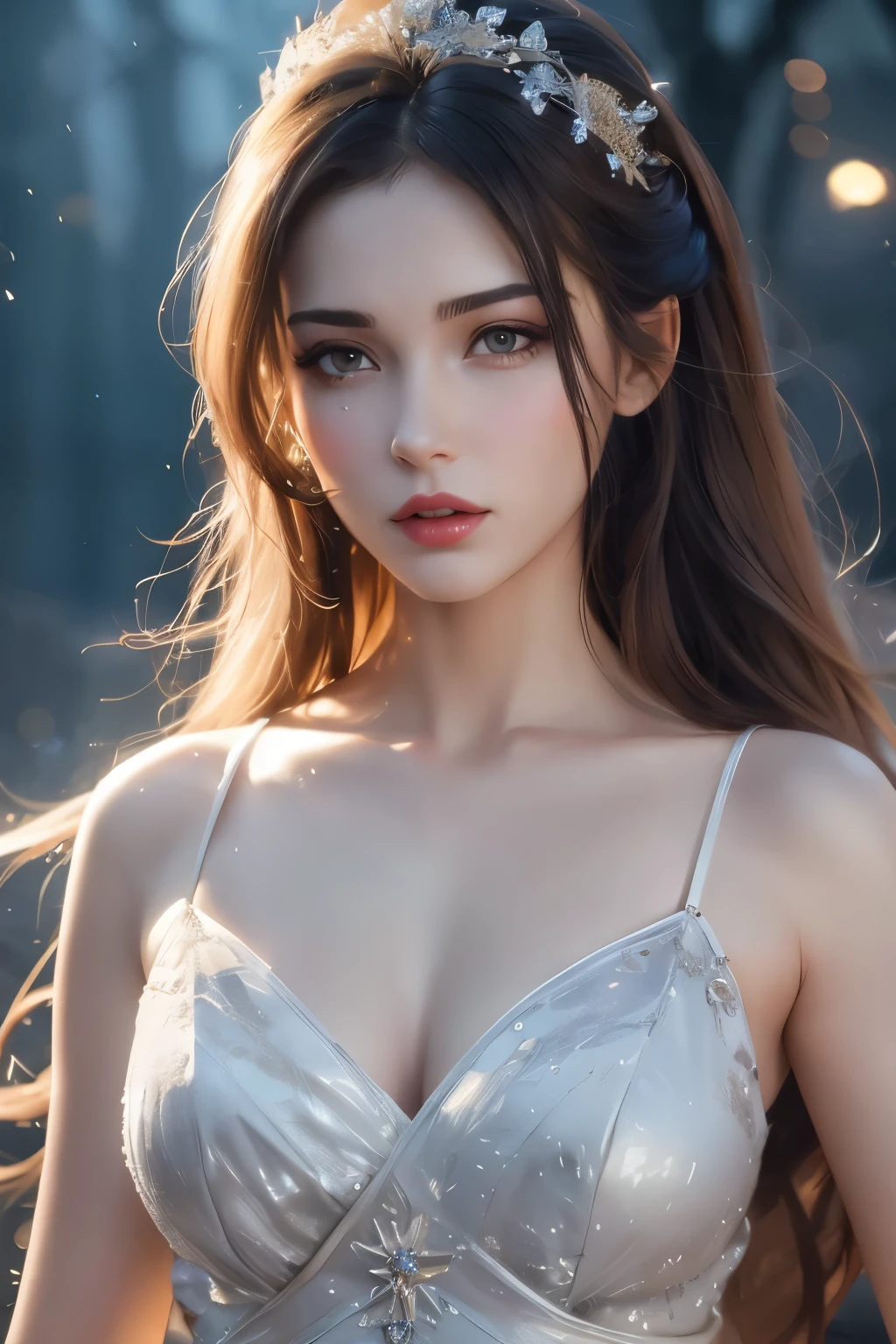 High-quality work,Realistic works,Super premium graphics,8K HD CG works,high quality graphics,High-definition and exquisite CG works,10x pixels,Ultra-fine details:1.1,Advanced technical details:1.1Realistic photo effects,Interior lighting effects:1.5,natural soft light:1.5. Light effect(Virtual light effects:1.8),Ultra-high resolution,shining dress,sliver long hair,silber hair,transparenthair,high detailed hair(Quality hair details:1.1)Clear eyes,Double eyelids look good,Sharp eye makeup, Create exquisite eyelash makeup, tthin eyebrows, Ultra-detailed eyes,a tall nose, lovely red lips, rosey cheeks, With delicate makeup on her face , pretty face, The face shape is perfectly proportioned,(Advanced facial details:1.1)On the battlefield of storms, A woman dressed in a ta outfit uses a weapon with the power of the fire element..(( Lightning danced next to her.)), It reflects the strength of her determination.,Because she embodies the power of nature's power in battle..official art, 8K wallpaper, very detailed, beautiful and aesthetic, beautiful, Masterpiece, best quality,(Focus on the thighs and up.),Clear face,The eyes are detailed.,(wind,hair flying,Flow skirt),,Women's artwork,Dress full body video,Reality,Amazing Cleavage,My eyes are very bright today