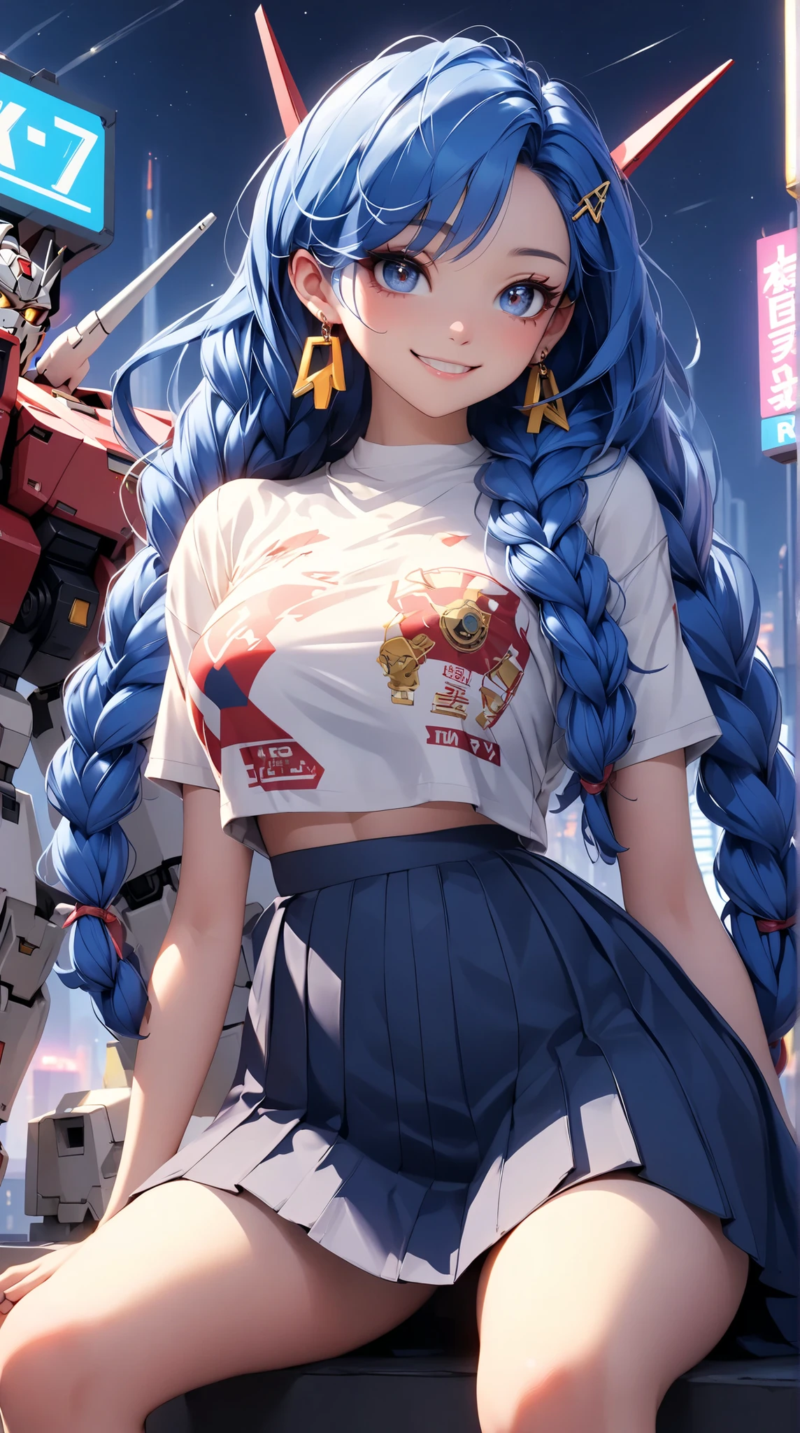 visiosomal, ( masterpiece,   rolled up  ;1.3), extremely detailedes ,extremely detailed,   1 girl,Alone,   twin braids ,   big chest,   bad smile , gundam(RX78), Science-Fiction, Mecha, ,  Blue Hair, Alone, hair accessories,  long hair ,  twin braids , gold eyes,  jewelry,  earrings,  looks at the viewer ,Shinjuku city background,night, many neon signs, Mondbasis,  detailed dress , micromini skirt ,  From underneath, sitting,, breast scan,