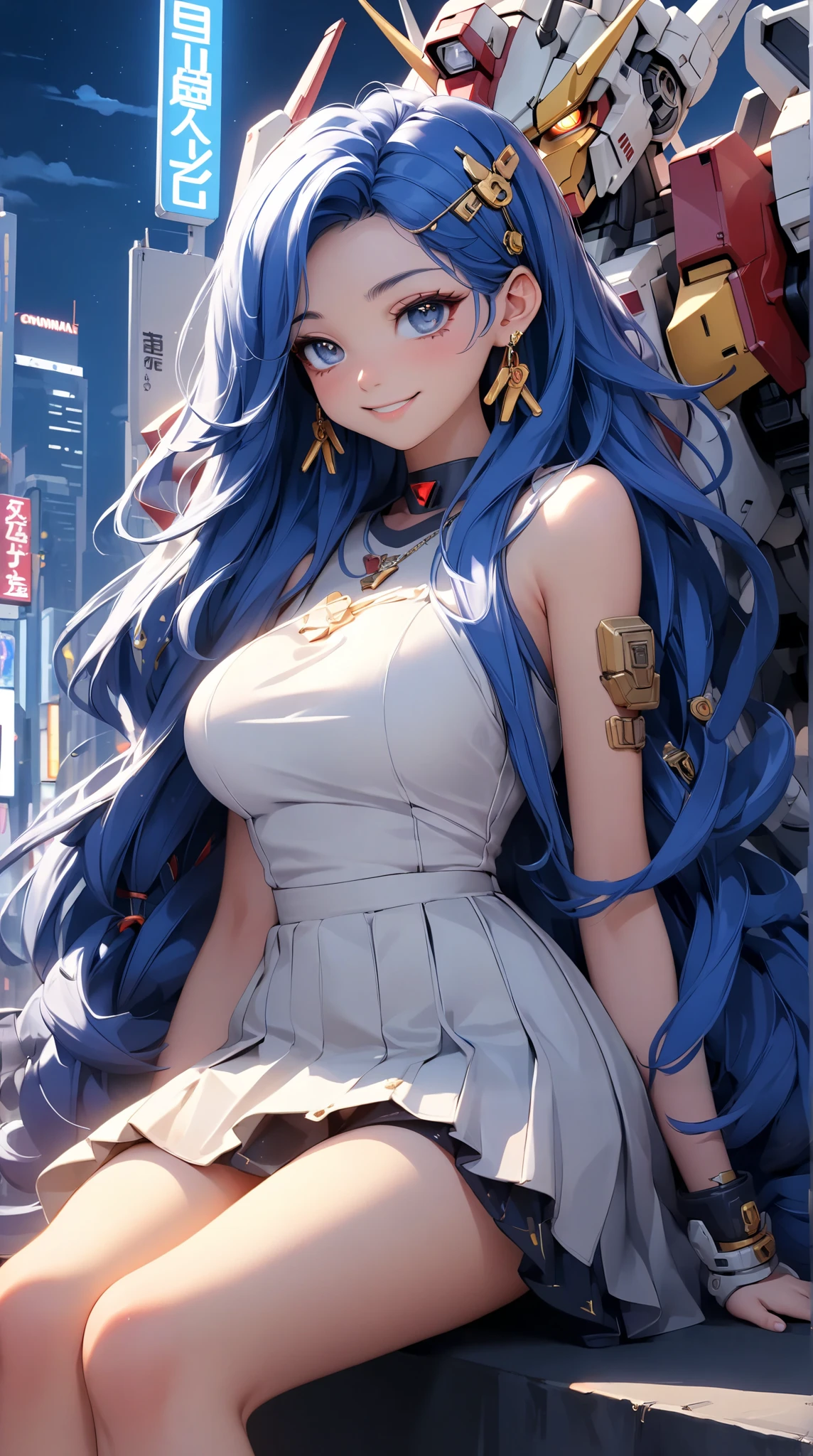 visiosomal, ( masterpiece, rolled up ;1.3), extremely detailedes ,extremely detailed, 1 girl,Alone, twin braids , big chest, bad smile , gundam(RX78), Science-Fiction, Mecha, , Blue Hair, Alone, hair accessories, long hair , twin braids , gold eyes, jewelry, earrings, looks at the viewer ,Shinjuku city background,night, many neon signs, Mondbasis, detailed dress , micromini skirt , From underneath, sitting,, breast scan,
