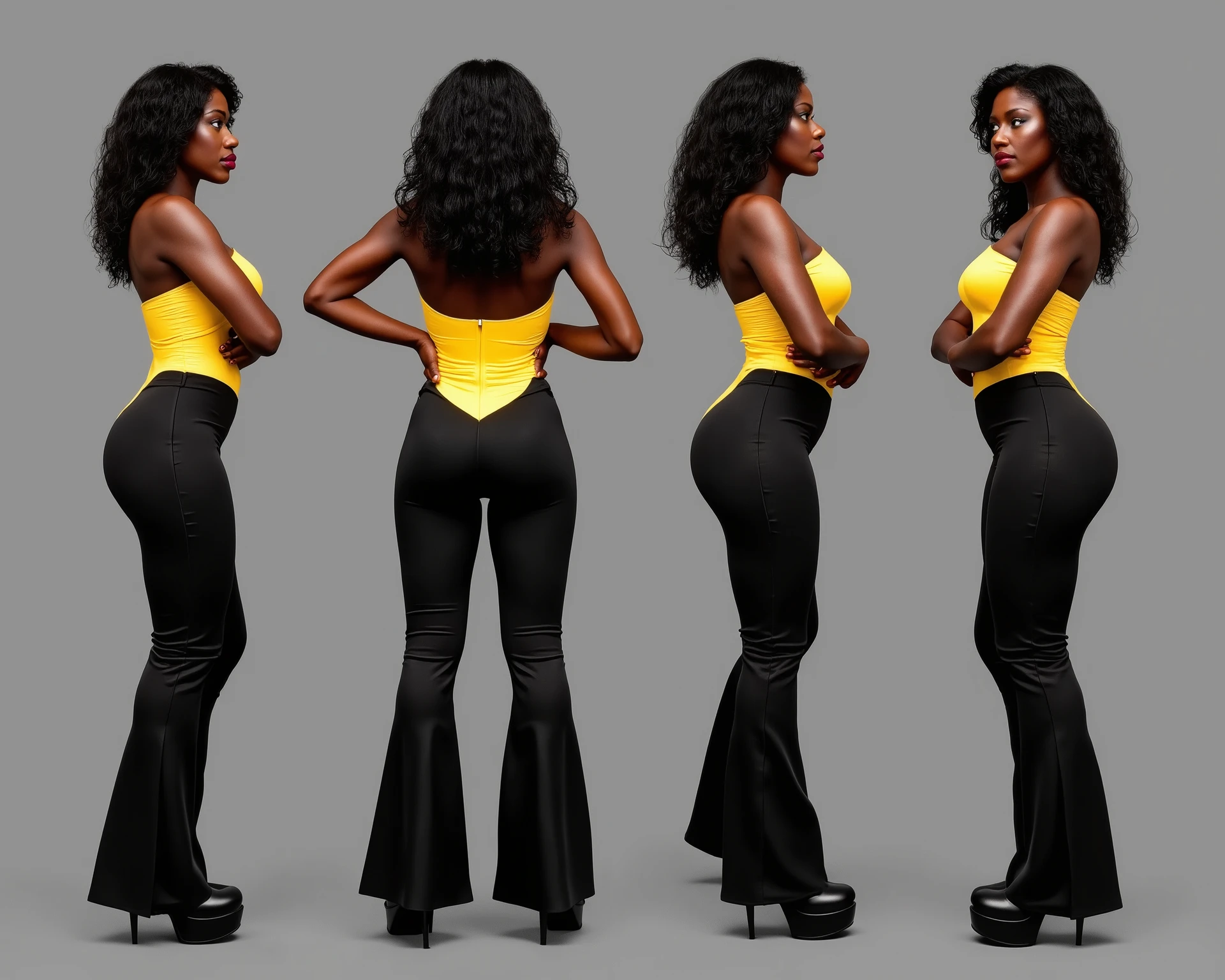 The image of the same black-haired black woman , tall and strong with a large torso and waist , stands in exactly four poses in the full-length image from head to toe, 1 front view, 2 back view , 3 side view , 4 half-side view , wearing a yellow corset , black satin flared pants, wearing black ankle boots with kobluks and thick toes , stands on a gray background .