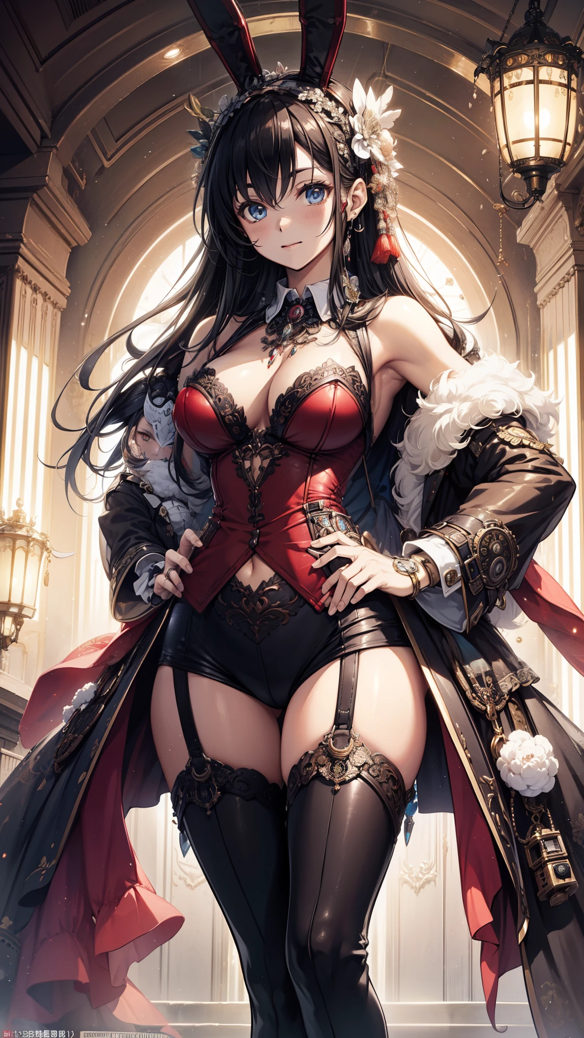 (masterpiece, side light, Delicate and beautiful eyes: 1.2), luscious skin,((alone)),(scarlet eyes),Hanging corners of eyes,(High detail skin),(Perfect body),a beautiful girl,small breasts,((Breast-covering suit jacket)),(satin collar),(Short gloves are only half as short as a palm),lace up pantyhose,high-waist pants