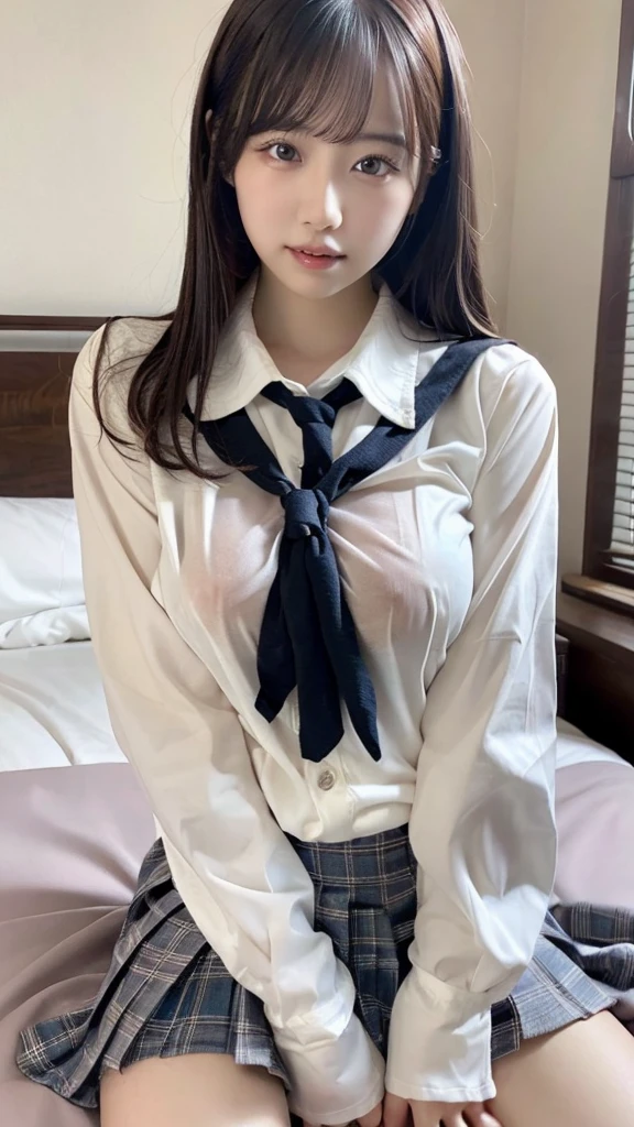 Japan girl, 18 year old girl, wavy little long hair, black hair, brown eyes, perfect figure, transparency, luster, luster, modest breasts, school uniform, navy blue ribbon, navy blue skirt, light blue shirt, pink bra and panties, gravure idol, lying on bed, open legs, crotch open, beautiful legs, front, looking from above, unbuttoned chest
