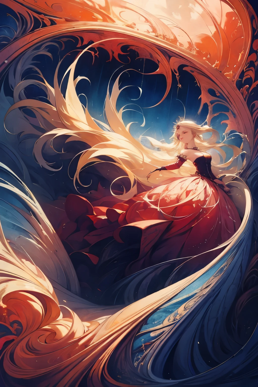 ( masterpiece, top quality, top quality, Official Art, Beautiful and Aesthetic :1.2), ( girl), very well detailed,( fractal art:1.3), colorful, most detailed, long blond hair , red eyes, Moonlight Night , Rose