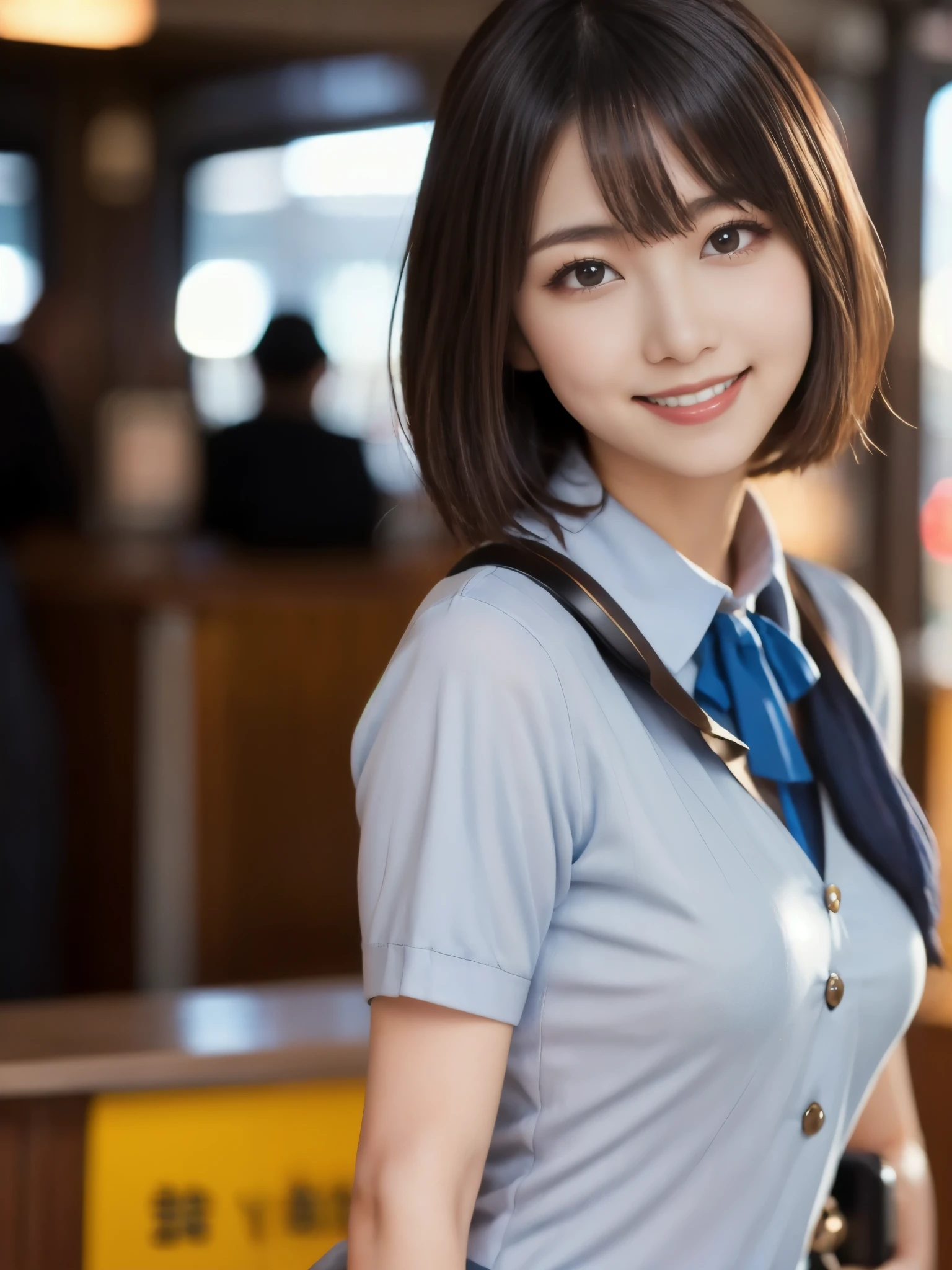 very beautiful Japanese 20 year old woman、(とても cute顔:1.9)、(smile:1.9)、( Sexy Body 、 beautiful body:1.2)、( camera、 kind eyes :1.3)、(超 Hi-Res;1.9)、(Very beautiful eyes、 very beautiful skin )、 { Masterpiece}、 { top quality}、 Hi-Res、 very detailed、 8k、 cute、 { Extremely Delicate and Beautiful}、 in detail、 Amazingly Beautiful 、 { photorealistic}、 intricate detail on the edge of the garment 、 very detailed、 { beautiful face}、 super detailed、 Depth of Boundary Written 、 Beautiful visual effects、 ( shiny skin circumference )、{ one girl}、 ( double eyelids、round face)、 RAW photos 、 Wide Eye 、 ( stewardess uniform :1.4)、 ( short hair:1.5)、 Bright Spots、Looking