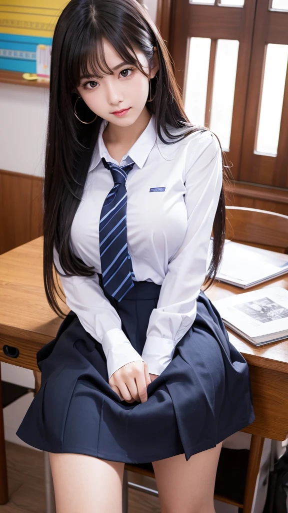 mix4, (16 K, Raw photography, Top image quality, masterpiece: 1.45), (realisitic, Photorealsitic: 1.37), Tall Girl, cute little, A city scape,, profetional lighting, photon maping, school classrooms, physically-based renderingt, dark brown hair,pony tail hairstyle, Well-groomed and beautiful eyes、((二重まぶた))、Transcendent Cute Girl, (((student clothes、blazers、Long sleeve shirt worn by Japan high school girl、Ribbon Ties、Dark blue mini skirt,、Dark blue socks、Black loafers))), Top Quality Photos, hight resolution, 1080p, (clearface), (Detailed face description), (Detailed hand description), (masterpiece), (Exquisite CG)、extreme light and shadows、dishevled hair、master work、abundant detail、(Fine facial features)、(top quality photo)、(masuter piece)、(A detailed eye)、Look in front of you、Fine clavicle、((Slender big))、(((Japan schoolgirls wear jackets and long-sleeved shirts)))、((Neat and clean idol))、((School Gate、school ground、School building in the background))、(Shooting from random perspectives)、(((Anyway cute)))、耳Nipple Ring、A big smile、Drawing the whole body from the knees、Do not draw nasolabial folds、(((Sports bags used by Japan schoolgirls)))、(Big breasts that hang down big:1.2)、Big buttocks with tension、Two arms and two legs、(((from the front side:0.7)))、bare hand、(((Left and right symmetrical eyes)))、Standing Pose、Put your hands on your desk、Do not take the tie out of the jacket、Raise your buttocks:1.5,barebacked:1.5,