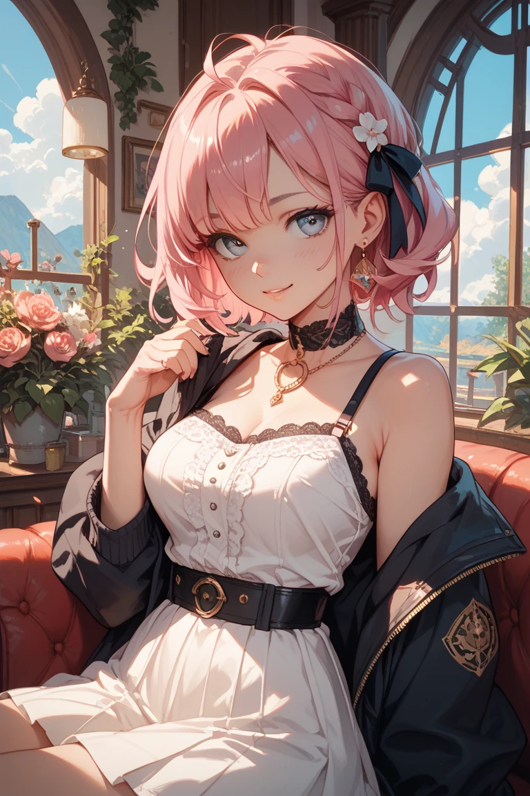 Realistic photos, Focus distance 10mm, Red and white, A big smile, Curly pink hair, Beautiful girl, Realistic photos, Focus distance 10mmで撮影, masterpiece, 最high quality, high quality, Very detailed CG 8k wallpaper unit, Award-winning photography, Bokeh, Depth of written boundary, High resolution, bloom, chromatic aberration, Realistic, Very detailed, Art Station Trends, CGsociety Trends, Complex, High detail, dramatic, Art on the go, volumetric lighting, In the front garden of a noble mansion、Beautiful girl sitting gracefully。She is wearing an antique dress、He is holding an old letter