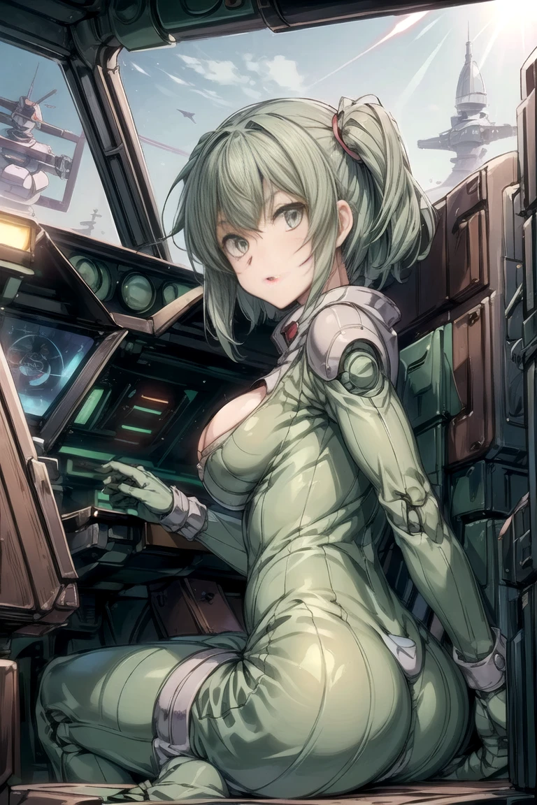 A teenage girl with an extra large chest, wavy orange hair, soft waves, long, her green eyes, and she wears a pink striped bra with a silver line, her metallic pink panties, and wearing a protective base arm and legs, a gray robotic boot, space.