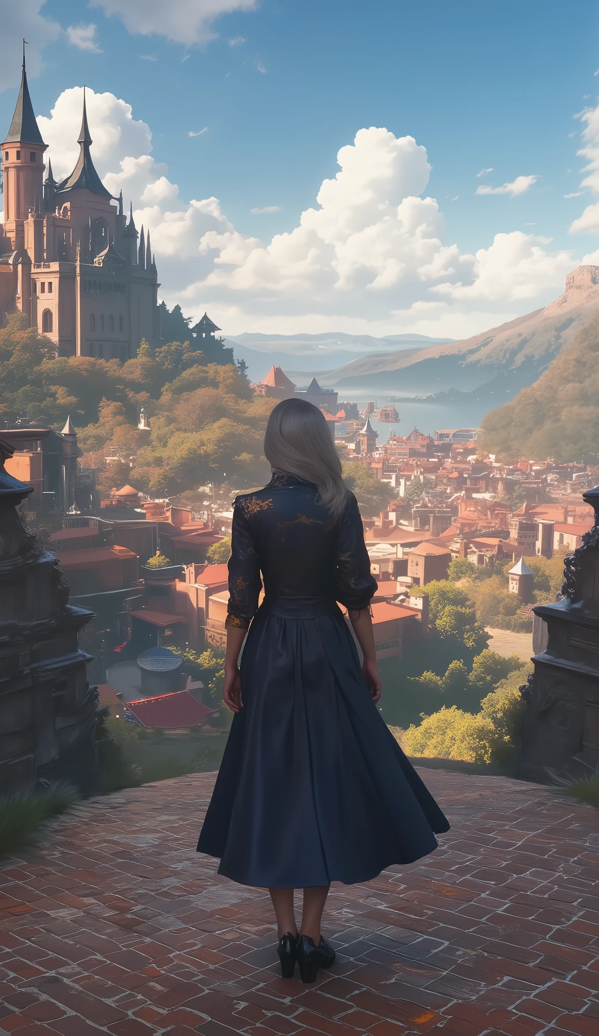 (8k, RAW Photo, top quality, masterpiece: 1.2), ( by Mr. Nomi, by Mr. Nomi: 1.37), Back view of a girl in the distance, Medieval cityscape in the background , Avatar .50mm lens