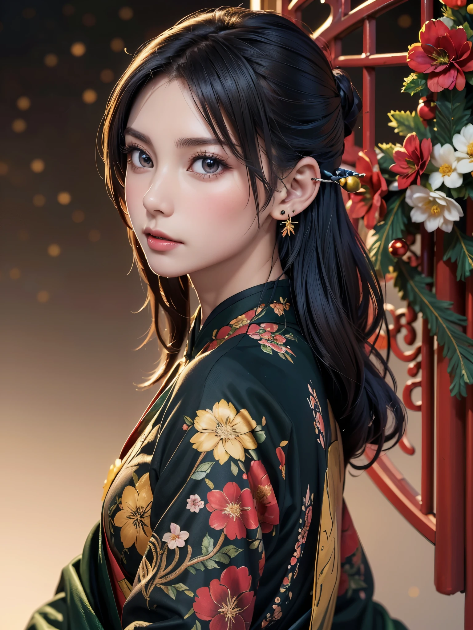 ( masterpiece, top quality , top quality , Official Art, beautiful 、Midea :1.2), ( seat:1.3), handmade ,( fractal art :1.1),( colorful :1.1)(flower:1.3), Best Details ,( zentangle :1.2), ( Dynamic Poses Christmas ), ( abstract background :1.3), ( Traditional Chinese Cloth :1.2), ( Shiny Skin 、S ), (Many colors:1.4), ,( earrings for women :1.4),