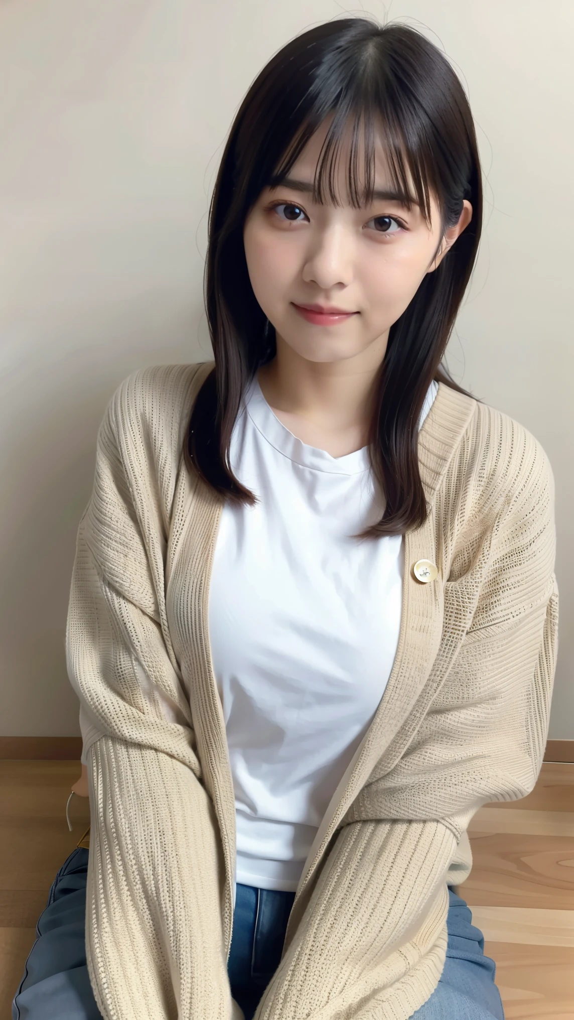 (8k), ( top quality: 1.2), ( by Nomi), ( by Nomi: 1.37), Ultra High Resolution , girl, putting his head on his lap、 cute, smile, Shut up, beautiful details, Beautiful Nose, whole body, wet hair, Giant Dulcefo, pork, , ( big breasts)、 saggy breasts 、 soft breasted、Overflowing Chest、 knitted cardigan、隠しきれない big breasts、 Full Thighs 、[Strange Eyes、 rainbow heterochromia