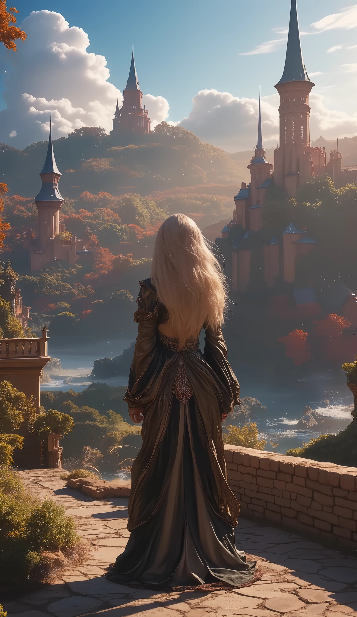 (8k, RAW Photo, top quality, masterpiece: 1.2), ( by Mr. Nomi, by Mr. Nomi: 1.37), Back view of an elf woman in the distance, Medieval cityscape in the background , Avatar .50mm lens