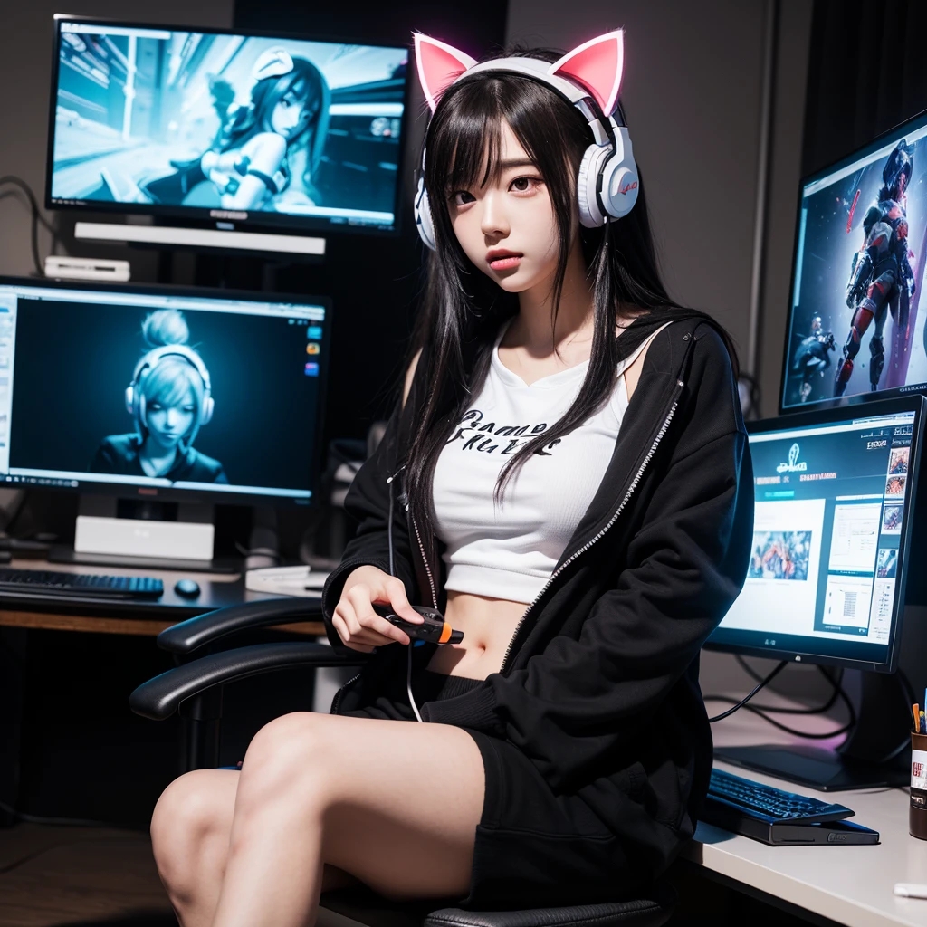 1girl, Future style gel coat, Future Combat Suit, animal ears, bodysuit, breasts, cat ear headphones, computer, hand on headphones, Glowing Clothing, Future Technology Space Station, full body, Sitting posture, Clothing with multiple light sources, headphones, headset, laptop, long hair, looking at viewer, motor vehicle, robot ears, science fiction, sitting, solo, Purple hair, glow,