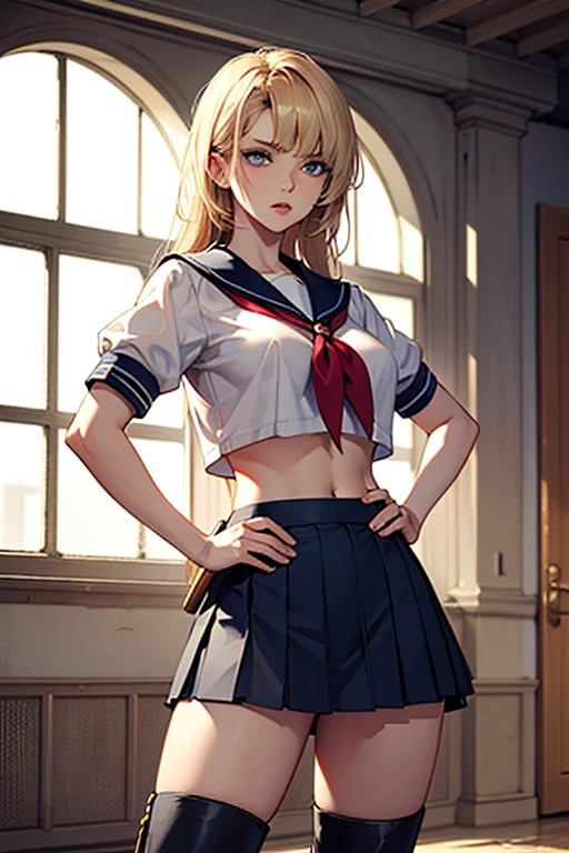 top-quality、realistic touch,high-detail、photoRealstic、thin-waist、captive beauty、big eye、solid platinum-blonde eyelashes、platinum-blonde、full body Esbian、Sparkling eyes, cheeks flushed、thin-waist、In the classroom of the school、She is in estrus、a sailor suit、cocky expression、Super short skirt with V-line visible、Sleeveless、Navel look、small tits、Ponytail hair style、a sailor suit that is extremely short in length、Colossal tits、big butts、Angle from below、Big breasts visible between uniform and stomach、sexy pose