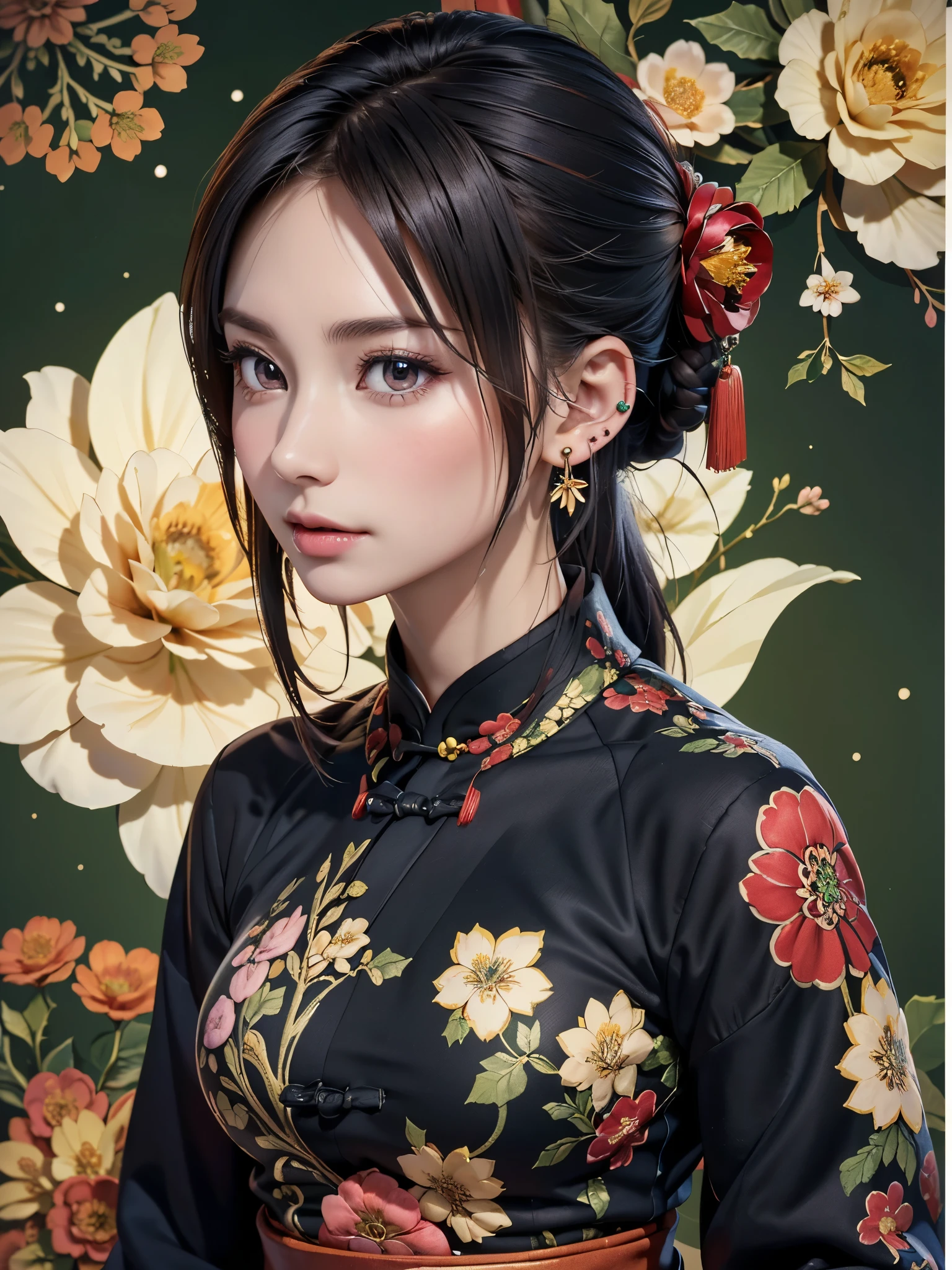 (          masterpiece,                 top quality  ,                  top quality   ,                  Official Art,                  beautiful 、Midea :1.2), (        seat:1.3),              handmade    ,(                 fractal art :1.1),(                 colorful :1.1)(flower:1.3), Best Details ,(                 zentangle      :1.2), (            Dynamic Poses Christmas      ), (                 abstract background       :1.3), (                 Traditional Chinese Cloth                 :1.2), (                                 Shiny Skin     、S ), (Many colors:1.4), ,(                 earrings for women :1.4),