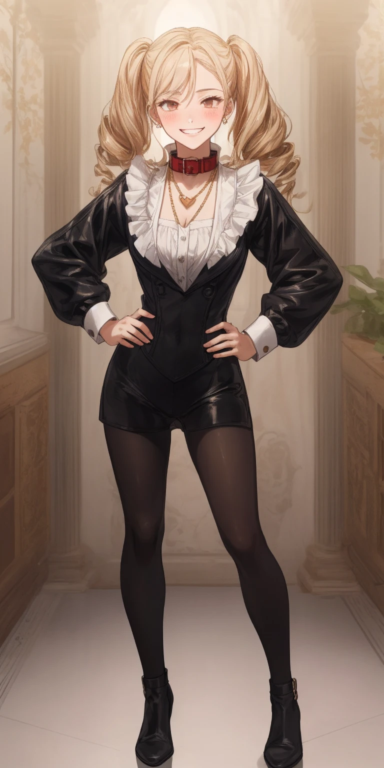 ((((((1boy)))))), fluffy blonde hair, ((big sharp wolf ears)), wolf tail, slim figure, ((pale skin)), sky blue eyes, joyful, big thighs, fangs, slim waist, lean figure, skin pale, youthful appearance, (((bulge))), black thigh socks, black coat, twink, pointing at viewer, full body view, excellent physique, victorian gothic clothing