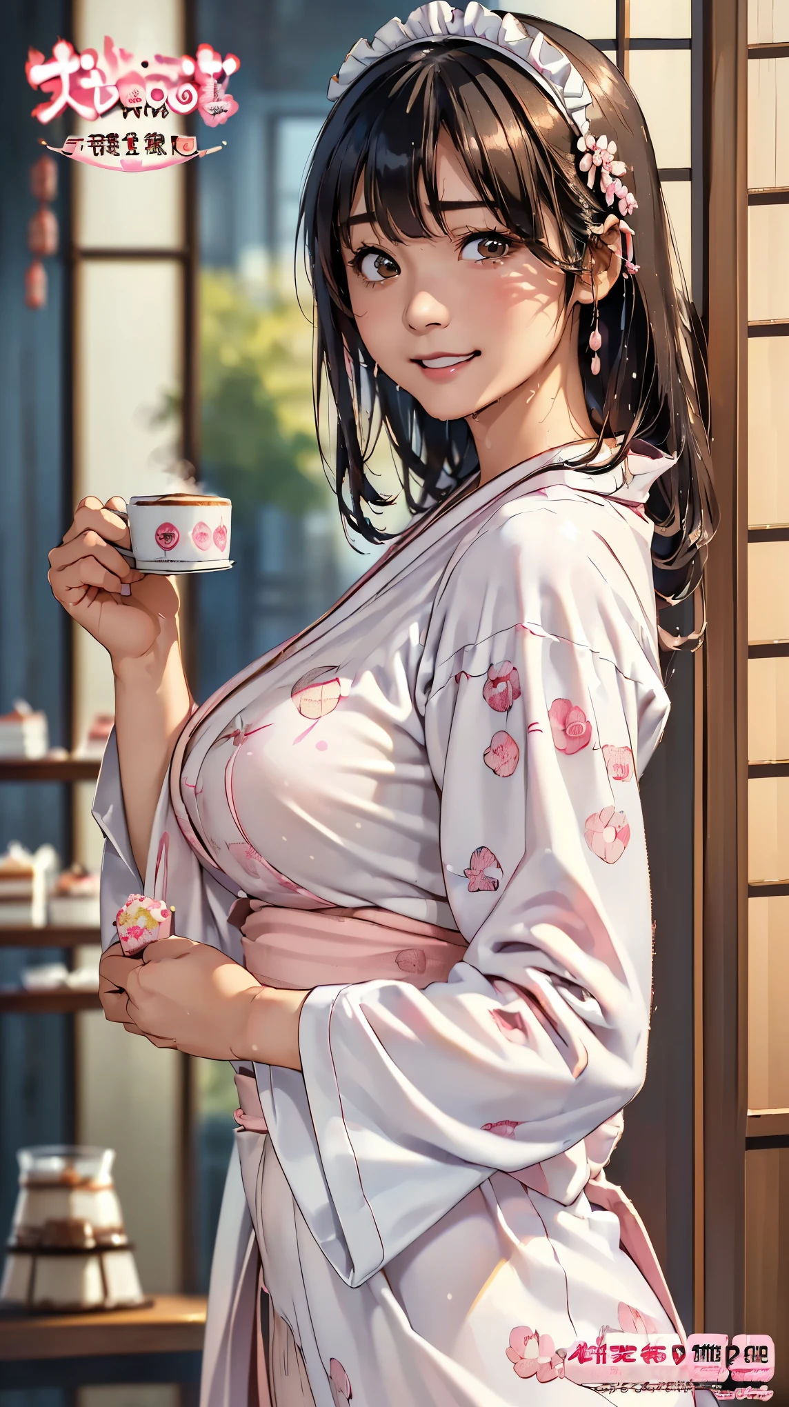 score_ 9、score_8_up 、(((Super realistic depiction )))、((( high res:1.2)))、((( masterpiece:1.2)))、((( Max Image Quality:1.2)))、((( High precision:1.2)))、(((4K quality)))、(((8K quality)))、 beautiful girl、 Japanese、20 years old、 cute、(((Sexy Japanese Style Maid :1.3)))、((( black hair)))、 half up、(((A shy smile)))、(((Shy expression)))、 long lashes、(((big brown eyes)))、 stares、blush、((( tilt your neck)))、 Glossy Pink Lips 、(((Big Breasts:1.4)))、 Slender and Toned Body 、Plump lower body、((( Drenched Skin )))、 cleavage、((( Wet Japanese Patterned White Kimono :1.3)))、((( pink panties:1.3)))、((( holding cake and coffee cup:1.3)))、(((Showa retro Japanese-style maid cafe:1.4)))、(((Cafe:1.4)))、((( Indirect Lighting)))、((( crowds:1.3)))、(((Sweets magazine cover :1.3)))、(((Drawing from below:1.2)))