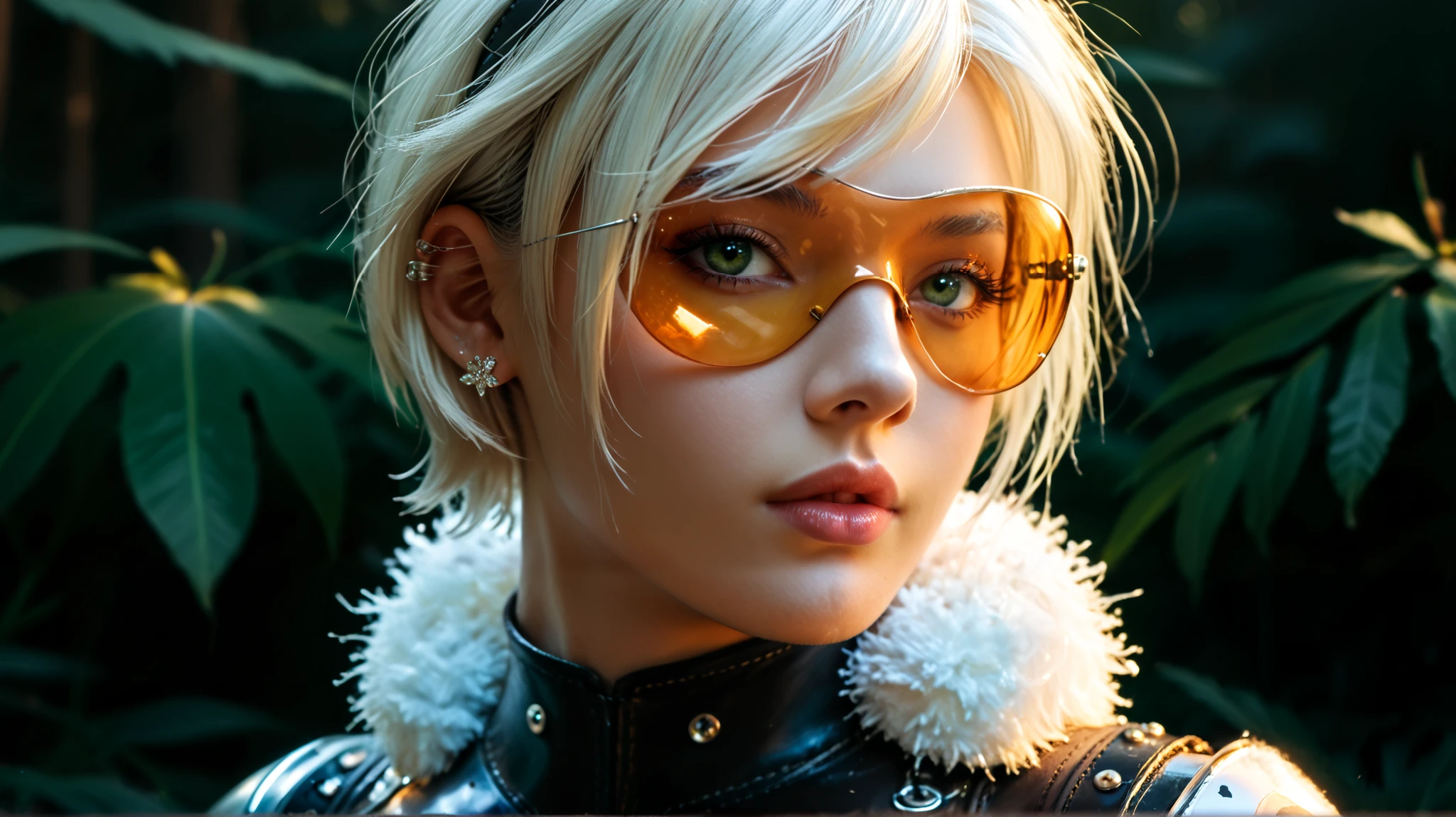 Gwen Tennyson,Yorha 2B,tracer,Jill Valentine,observe,Resident Evil , close-up, bamboo forest, tattoo restraints, without panties, silver steel leather corset , short hair, punk makeup , green eyes, beautiful girl , big breasts,8 k,ultra detailed, realistic,fantasy art, Steel Armor ,cyborg armor,aviator shape ,pilot uniform,winter scarf , ear piercing , Japanese temple , gothic hand and neck jewelry ,to walk on foot,(Weather:leaves fall ), arc reactor , 1 girl,