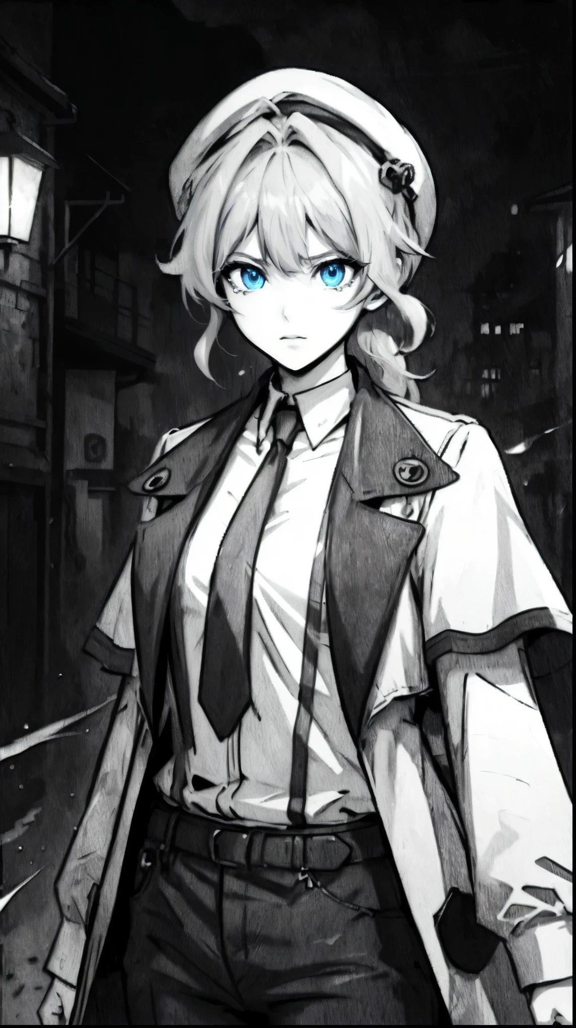 anime girl with blue eyes and a hat walking down a street, digital art from danganronpa, female protagonist 👀 :8, portrait of a female anime hero, junko enoshima from danganronpa, tall anime guy with blue eyes, from girls frontline, black and white manga style, persona 5 art style wlop, official character art, (Shadow casting, terminator line), (detailed shadowing), (person is deeping in shadow),