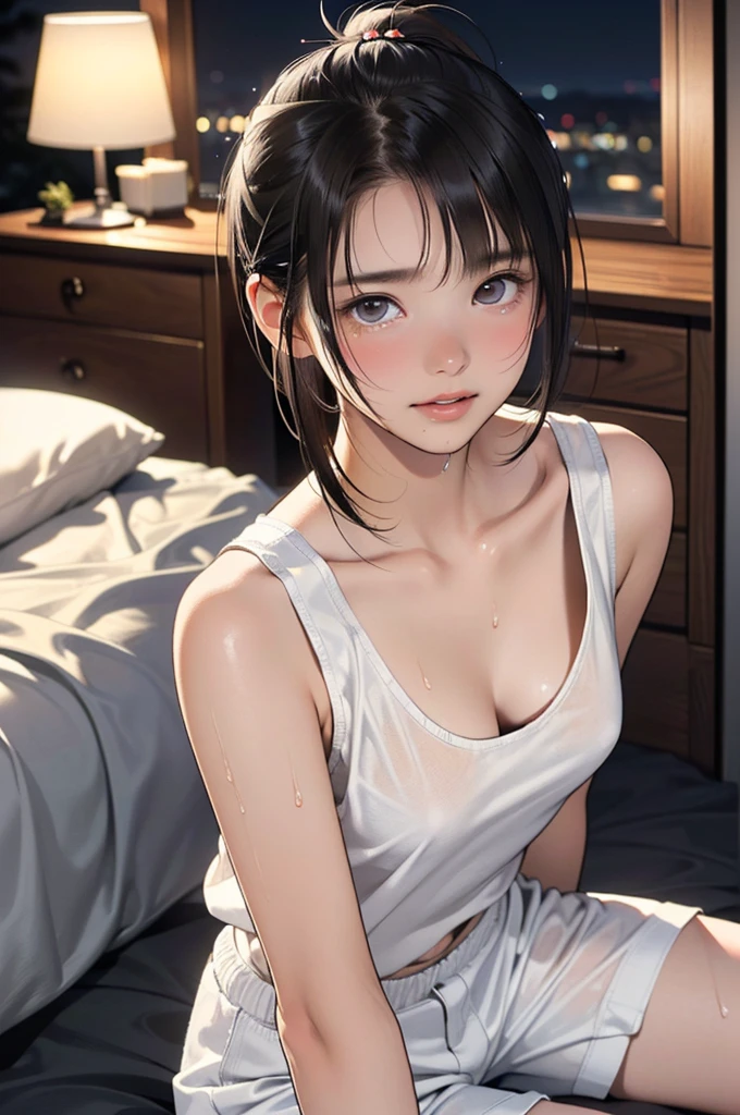 (8k,  RAW photo,  photorealistic:1.25), (looking at viewer, Messy hair, disheveled wet Hair, wet short ponytail hair, very short hair:1.8), (white headband:1.5), (cleavage, white tank top, white running short pants, Track and field wear:1.7), (lip gloss, eyelashes, Shiny surface, Glossy Skin, best quality, ultra highres, allows depth of field, Color Difference, caustics, blow lighting, Natural Shading, kpop idol), (Swollen eyes from crying:1.2), (crying, tears, tearing, sadness), (dark background, indoor, night, a girl is sitting on the bed, dark small bedroom, night view:1.4)