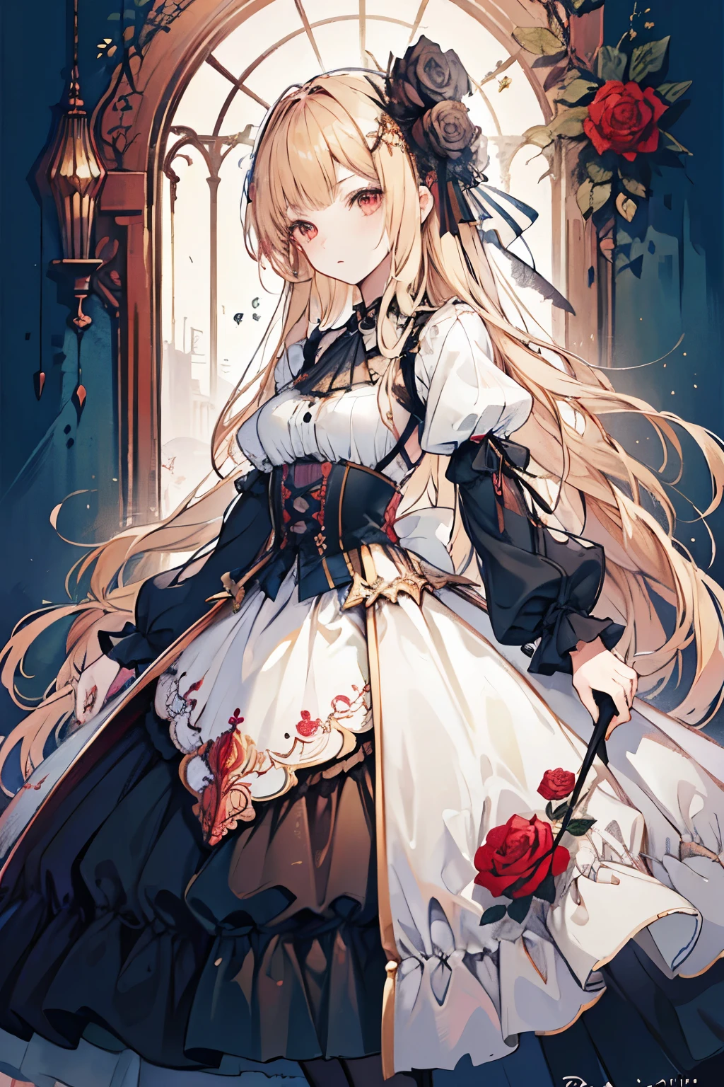 ( masterpiece,  top quality,  top quality,  Official Art,  Beautiful and Aesthetic :1.2), ( girl),  very well detailed,( fractal art:1.3), colorful, most detailed, long blond hair , red eyes, Moonlight Night  , Rose