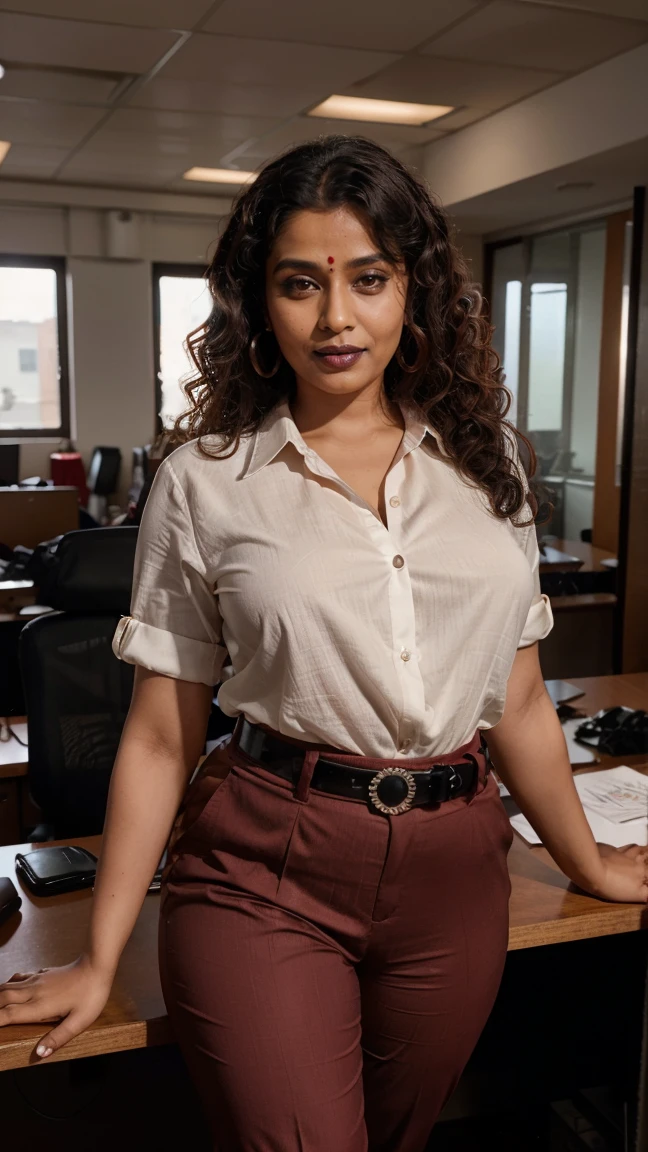 Photo of a fearless female officer, <lora:Sumona2023F:1> Sumona Female, wearing a sturdy black shirt, skin fang,  books, large breasts, huge breasts, covered big belly, huge ass,  standing confidently in office, mute color