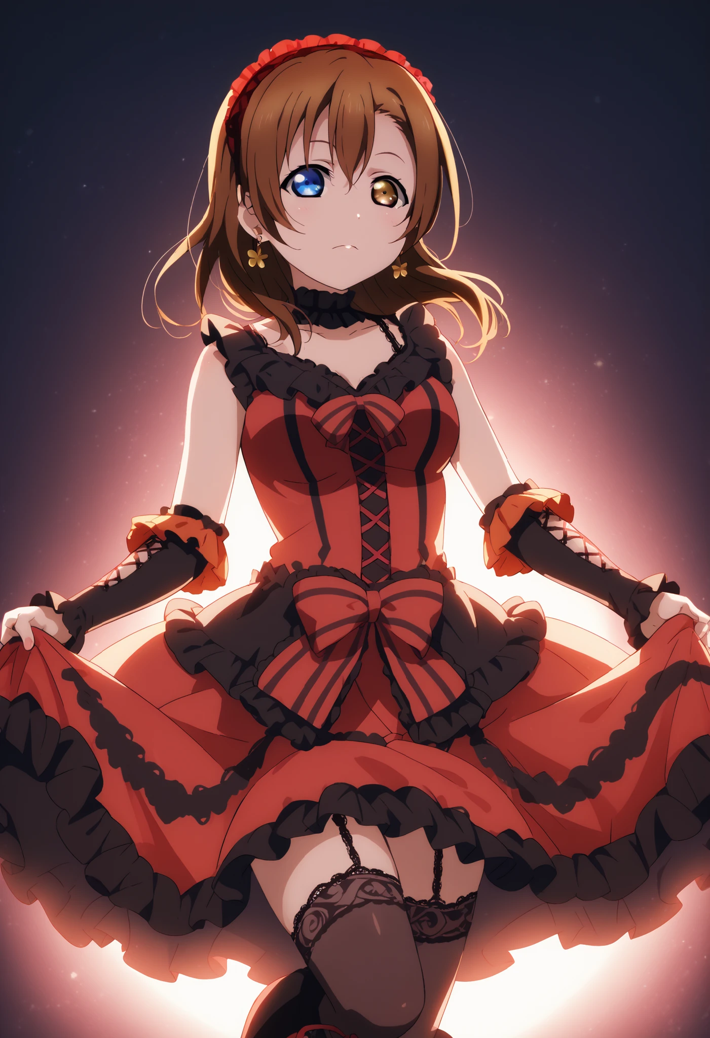 (Masterpiece, Best Quality, High Quality), anime style, love live,kousaka honoka , kousaka honoka,id_honoka_kosaka,love live, blue eyes, brown hair, 8k wallpaper, looking at viewer, earrings, heterochromia, hairband, red dress, striped bow, frills, detached sleeves, frilled choker, black thighhighs, garter straps, lace-up boots,soft red lighting