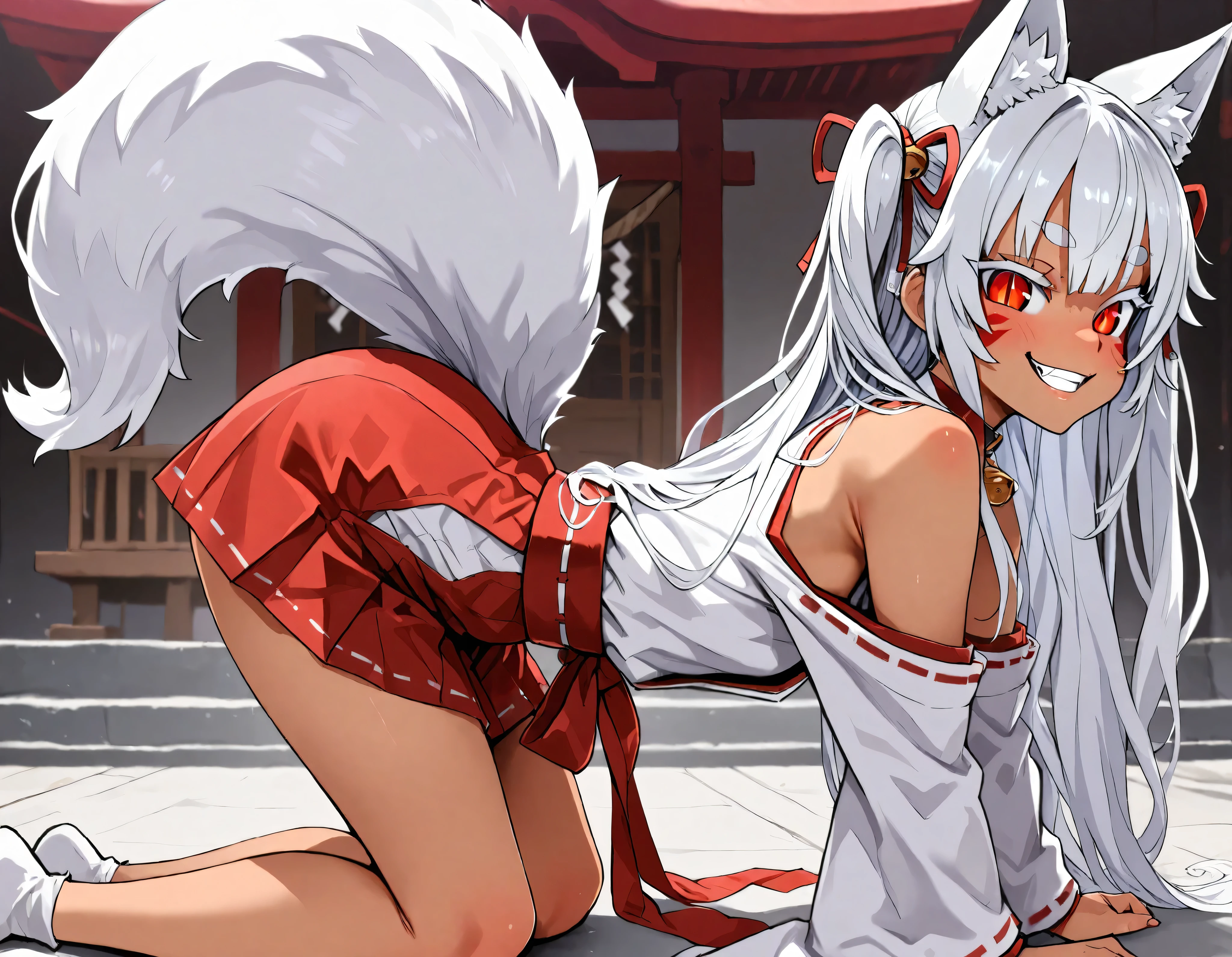 (best quality, highest quality:1.2), masterpiece, Ultra-high resolution, rich contrasts, HD, 8k, fine skin, no makeup, ideal ratio body proportions,
1girl, anime girls, asanagi style, mesugaki, dark skin, tan, red eye, slit pupils, ((white fox ear, white fox tails)), Wicked Smile, evil grin, fang,
very long two side up, white Hair, thick eyebrows, red highlights hair, Hair ribbon bell, bell choker, bimbo, ((dim body)), flat_chest, (facial mark),
nontraditional miko, bare shoulders, miko, red obi sash, red short skirt, skirt cutout, shirt in, on all fours, ((from behind)),
looking at viewer, lewd, cute, big eyes, ero, ecchi, Sitting with Knees Up,
Score_9,Score_8,score_7_up,source_anime, rating_questionable, shrine,