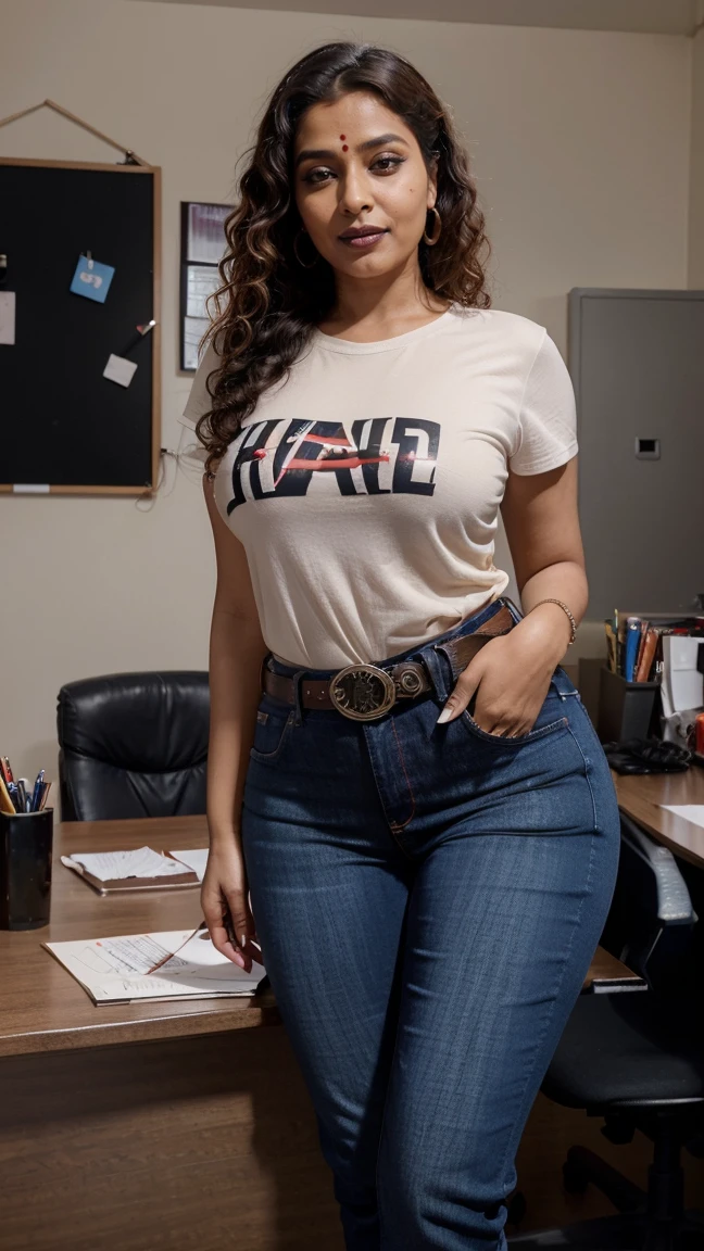 (best quality:1.3), (8K, RAW photo), (realistic, photo-realistic:1.3), high-resolution, ultra-detailed, highly detailed, extremely intricate, film grain, sharp focus, (a photo of a 35 year old mature Japanese-French female:1.5), a nerdy computer shop employee working in computer shop, (slightly smile:1.5), black hair, short cut hair, blunt bangs, highly detailed face, highly detailed eyes, fat body, (wearing nerdy T-shirt, jeans:1.5), (large breasts:1.5), (highly detailed skin texture, realistic dull skin noise, dry skin, with age-appropriate wrinkles:1.3), (full body), standing, looking at viewer, front facing, cowboy shot, perfectly-centered, electric lighting, frontlight, computers, hard disks, keyboards, commercial posters, register, crowded shop
