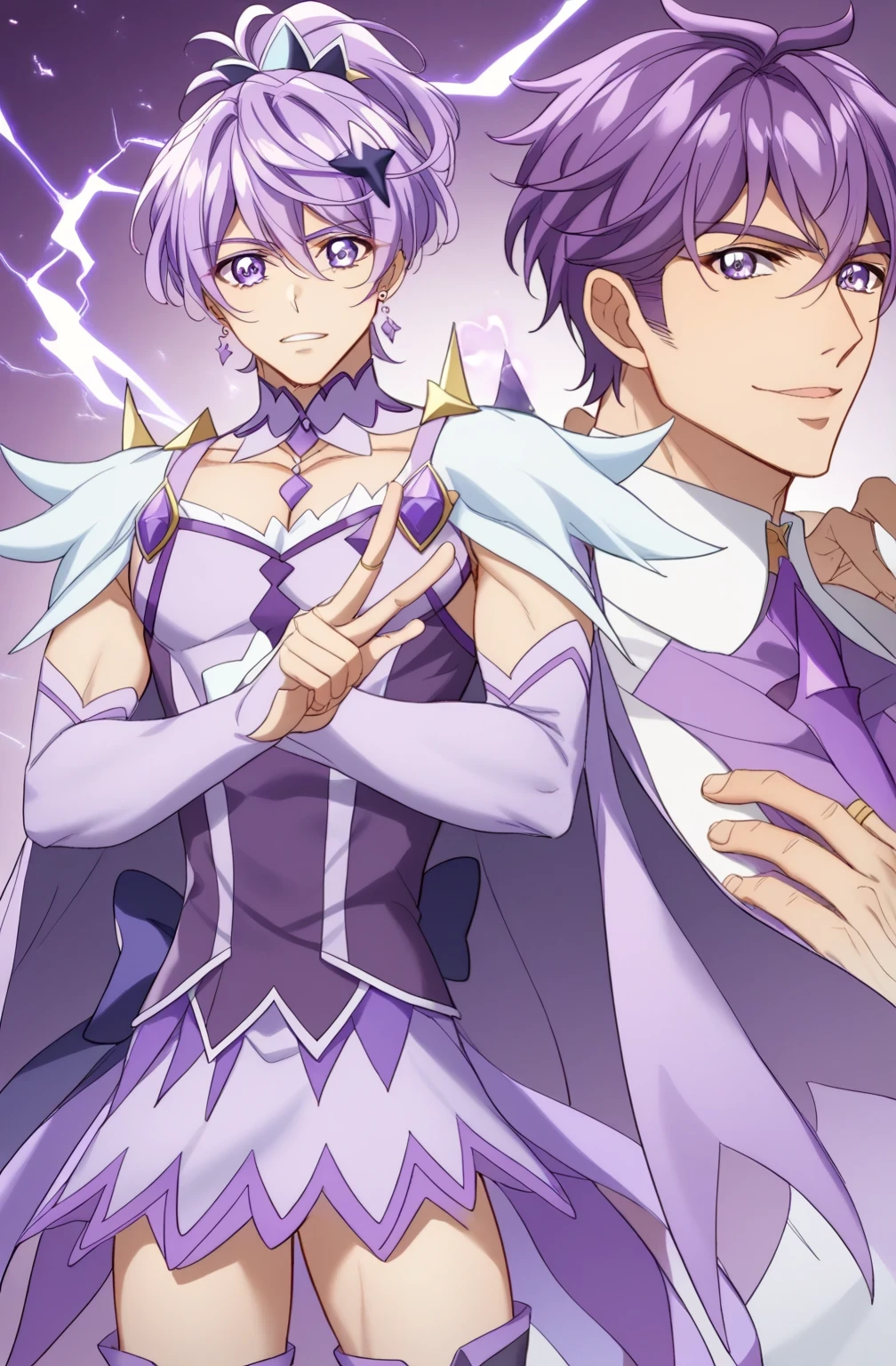 score 9 、score 8 up、score 7 up、source anime、 Masterpiece、 top quality、 high res、anime coloring、1boy 、Cure Sword、(male:1.5)、close-up of a boy cartoon character with purple hair、high short ponytail hair、spade shape hair ornament、Alone、portrait of Magic Boy、 Boy in a White and Purple Dress 、Long Legged 、Heavenly Aura、Lightning Aura、 White and Purple Miniskirt 、white shoulder pats、 purple arm warmers、purple detached sleeves、purple waist bow、 Bare Thighs 、 purple thigh-high boots 、 Symphogear Flavor 、masculinization、 Boy with Short Light Purple Hair 、 Prince of Amethysts 、 official character art 、style of Magic Boy、Magic Boy、 Anime Boy 、 Official Art、 high res、perfect costume、sparkling Magic Boy、(manly:1.5)、With Sparkling Purple Eyes 、perfect body、perfect hands、perfect arms、perfect legs、 male focus、looking at viewer、Alone focus、 cowboy shot、(male body:1.5)、beefcake style、purple background、
