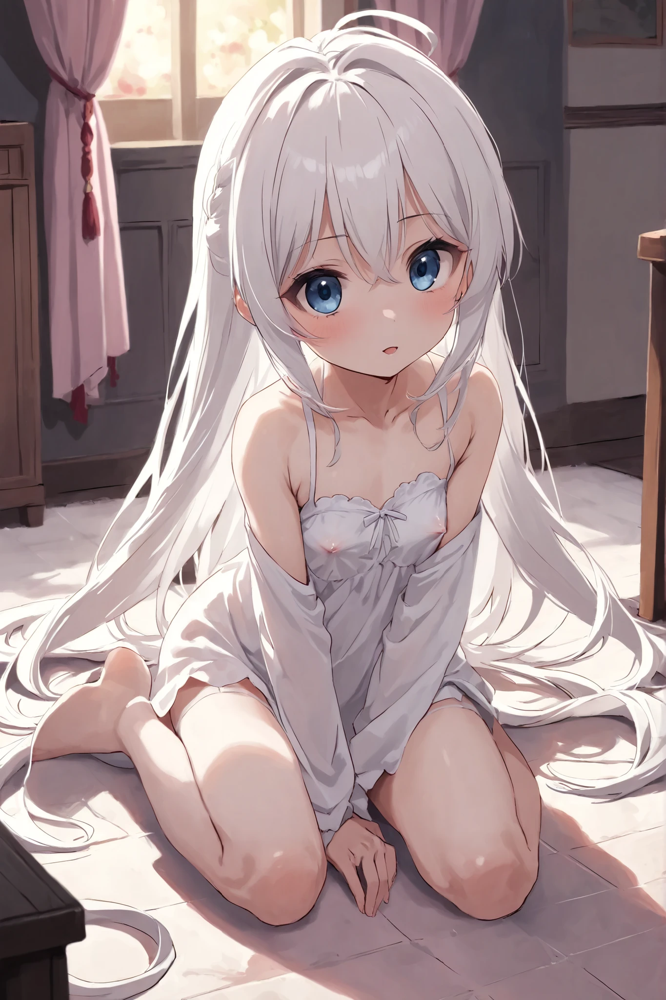 Cute loli，long  white hair，white  panties，white dresses，Kneeling on the carpet is，largeeyes，Long white socks，Barefoot，Leaky shoulders