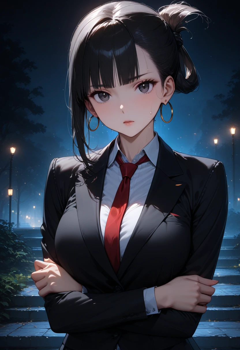 ((full body, standing):1.5), {((1 woman))}, {((wearing school suit with red skewer with tie, short black skirt, white stockings)), ((extremely large breasts)), ((very short black hair, blue eyes)) looking at the viewer, smiling, very happy, ((exhibitionist pose leaning back)), ((in an ancient Japanese ghost town, ghosts shadowing it, ghosts flying, night, just a full moon in the sky))}, (Fatal Frame Crimson Butterfly), 16k, best quality, best resolution, best sharpness, ultra detailed,