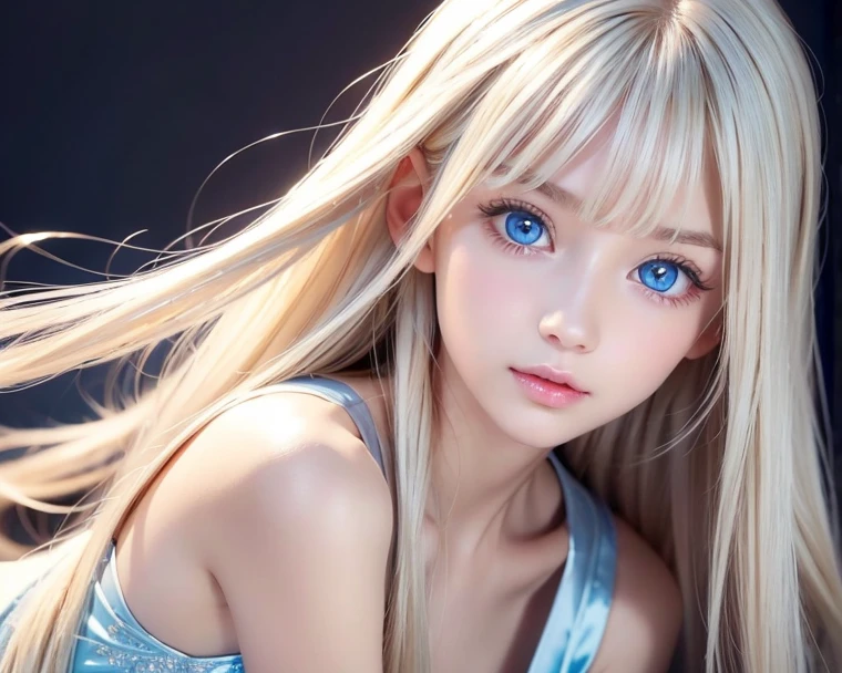 Face focus, Crazy for love, 14 years old , Frilled Summer Dress, Very beautiful blonde Scandinavian girl, Overwhelmingly beautiful, Beautiful shiny super long straight blonde silky hair、Blonde bangs over the eyes、Blonde hair over one eye、Blonde hair between the eyes、Has cleavage, Arms behind head, Low contrast, (Shy and cheerful expression:0.8), Hair Scrunchie, highest quality, Ultra-high resolution, Realistic photos, Very detailed, 8K, Raw photo, Perfect Anatomy、so beautiful, The Shining, Very bright light blue eyes、Very big eyes、Small Face Beauty