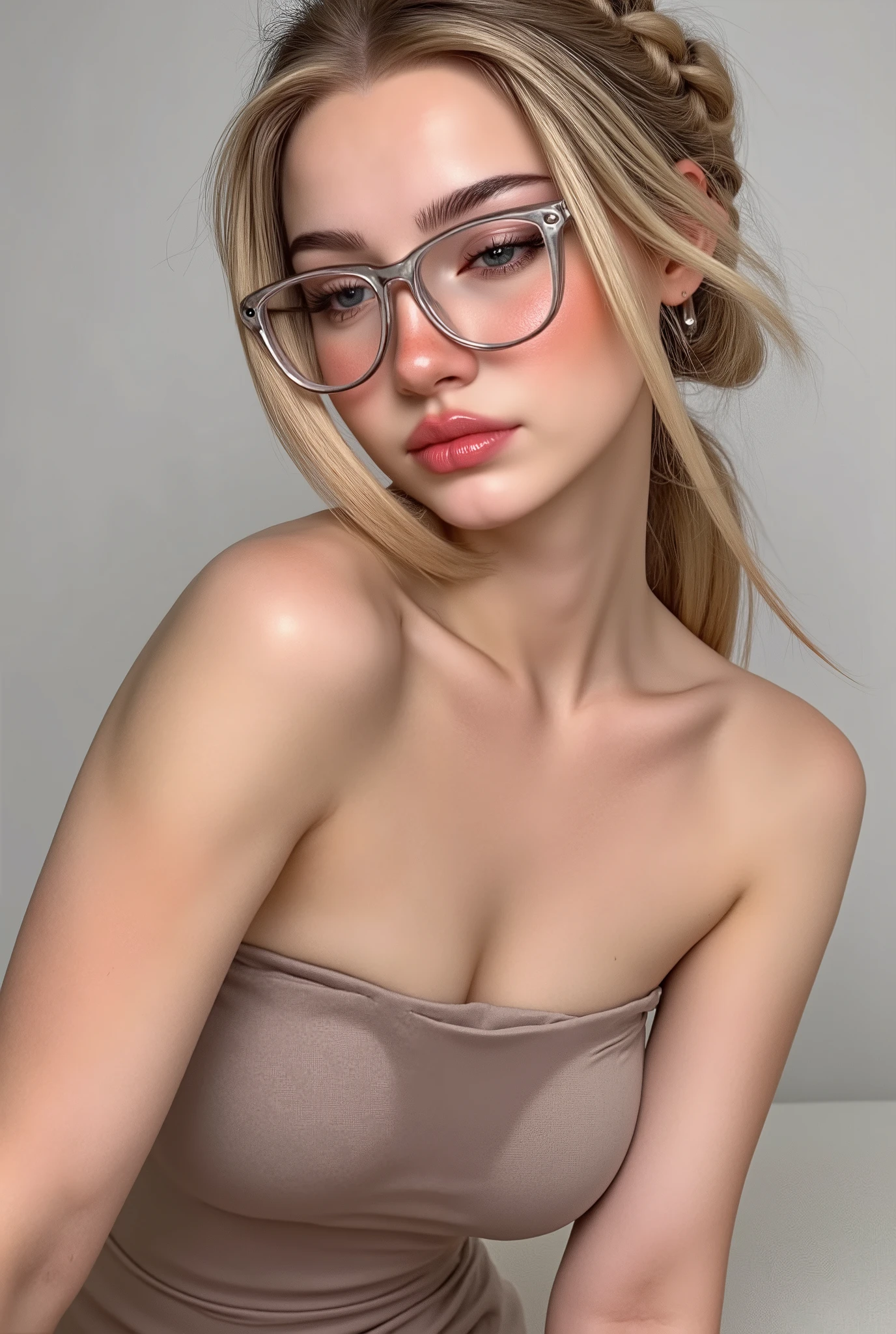 Blonde woman , beautiful, zopf, glasses, ((( big breasts))), slim waist and perfect butt, Slim and perfect body , short tight dress , sensual, selfie aesthetics