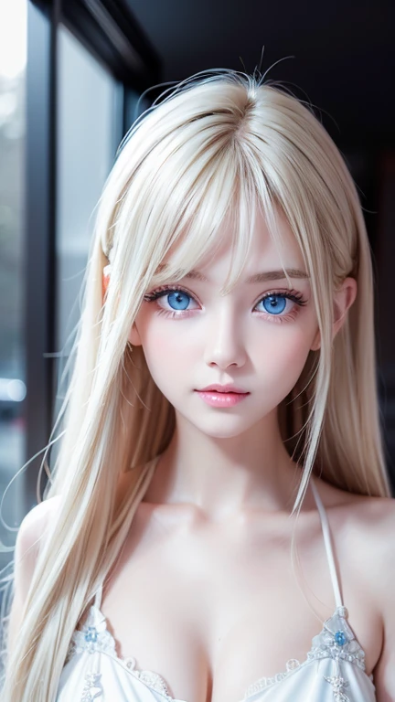 A perfectly beautiful face、Super long messy silky beautiful blonde、Beautiful cute girl 15 years old、Sexy and very beautiful cute face、Beautiful cute sexy bright pale sky blue big eyes、Long beautiful bangs、Very super long beautiful blonde shiny silky hair、Very white skin、Cheek gloss、Glossy Skin、eyeliner、A peerless beauty、Hair above the eyes、片Hair above the eyes、Hair between the eyes、