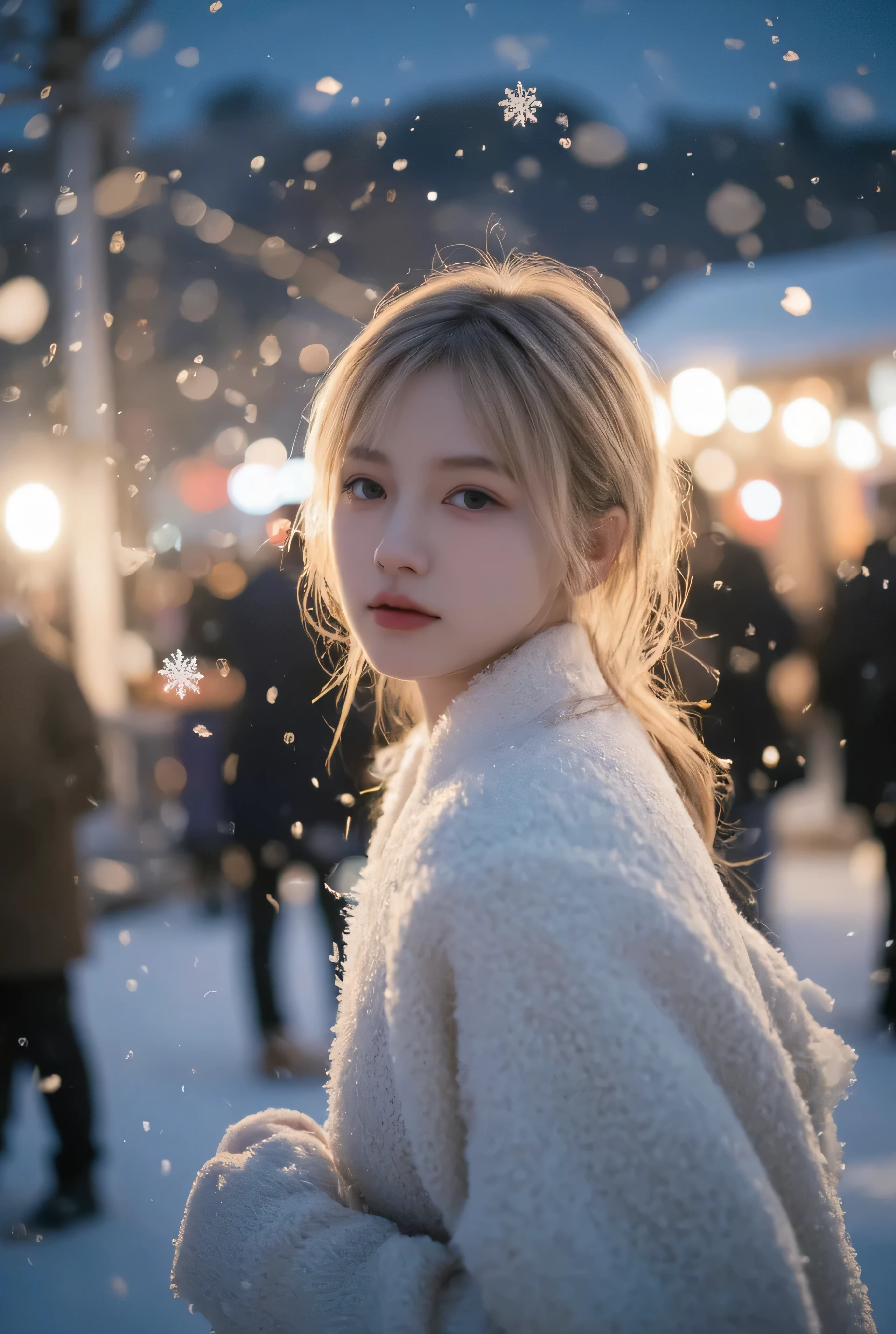 （masterpiece, best quality :1.2), winter,1 woman, [white breath] 、( Fantastic)Winter Festival 、 Snowflakes、❄️、cinematic lighting ,focus on her face,background blur,  fantastic