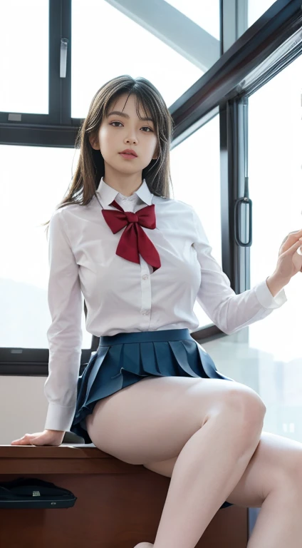 resolution, 1 girl, Watching the audience,Young beautiful Japanese woman, Super cute face, Gorgeous appearance, big breasts,Long Bob Hair,smile,(school uniform:1.3),Beautiful Eyes,(It&#39;s windy:1.3), 混雑した道をsmileで歩く,Glossy lips, Double eyelids on both eyes, Natural Makeup, Long eyelashes, 艶やかで滑らかなライトブラウンのLong Bob Hair, Asymmetrical bangs, Glowing Skin, Center image, 高resolution, High Detail, Detailed hairstyle, Detailed face, Great cinema lighting, Octane Rendering, Vibrant, Surreal, Perfect limbs, Perfect Anatomy, Spreading hair、Slender beauty:1.4、((Saggy breasts:1.4))、Chest exposed、slim abs、Curved Waist、(smile:1.2) 、(Pleated kirt lifted:1.2))、Slender and long beautiful legs、Open your feet wide、(Sheer black stockings:1.2)、(No underwear、Beautiful pussy exposed、Open up:1.2、pussy creampie、pubic hair:1.4)、(From below:1.2)、Backlight、