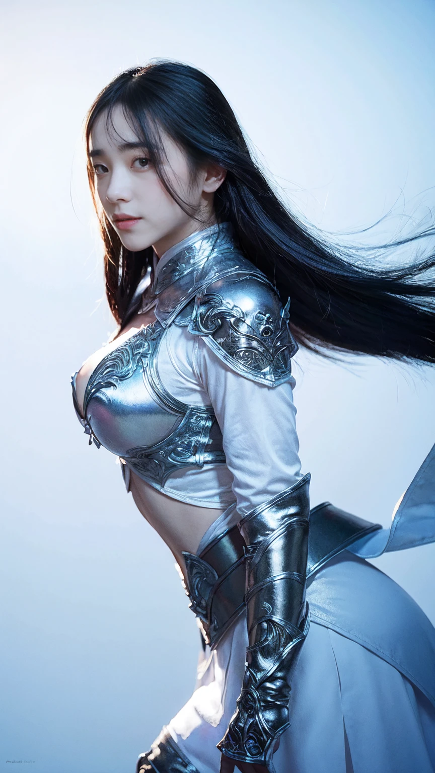 Close up of woman in silver and blue dress, Pan Chengwei on artstation, author：Yang J, Detailed fantasy art, Stunning character art, Fan Art Best Artstation, Epic and beautiful character art, Beautiful armor, Extremely detailed Artgerm, Detailed digital anime art, artstation pixiv like artgerm, Armor Girl