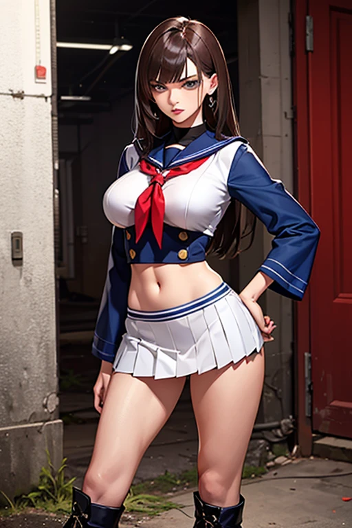 (masterpiece, best quality, ultra detailed, absurdness)1.5, 1girl, (sexy, beautiful woman, perfect face, perfect eyes, perfect female body, huge breasts)1.5, (usagi, double bun, twin tails, parted bangs, circlet, jewelry, earrings, choker, red bow, white gloves, elbow gloves, blue skirt, red boots with white trim, ), (standing on a rooftop, Japanese city in background, night sky, moonlit), perfect lighting, smooth, hud, fiona frost
