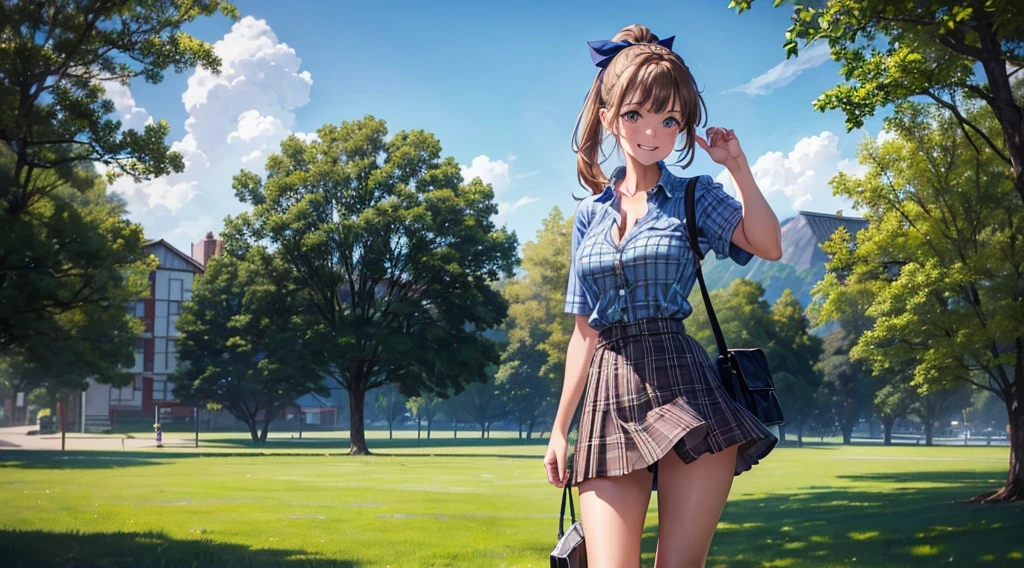 1girl, full body, summer, village, trees, sun, clouds, ((colorful hair)), long hair, curly hair, ponytail, large breasts, button down shirt, ((green checked shirt)), ((unbuttoned shirt)), unbuttoning buttons, popping buttons, cleavage 1:3, brown eyes, ((opened denim jacket)), ((red black skirt)), smile, looking at the viewer, touching neck, standng, hair ribbon, golden necklate