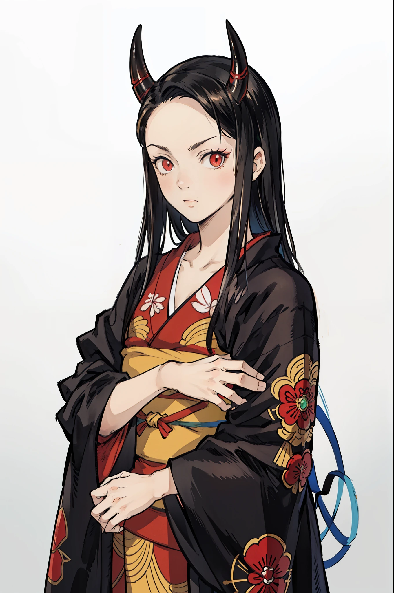 (masterpiece, best quality:1.2), kimetsu no yaiba style, kiyomi, (upper body, portrait, front view), (1girl, solo), (black long hair, straight hair, forehead), (red demon horns, red eyes), (worried expression, looking at viewer), crossed own arms , kimono, standing in the Japanese old style room