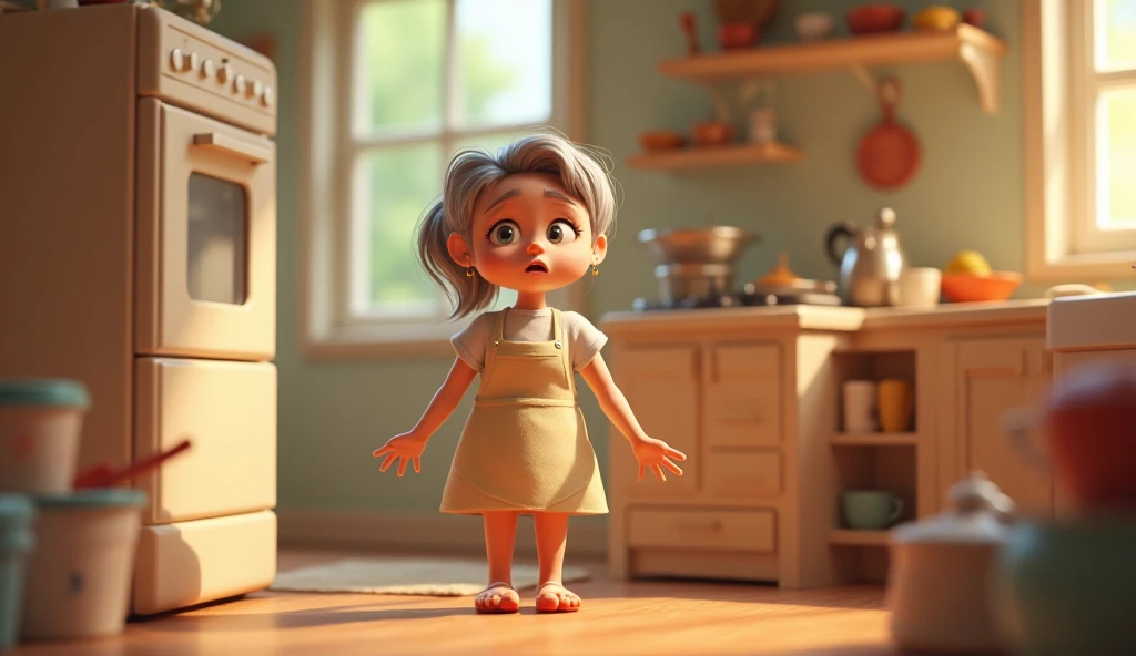 Animated cartoon character Grandma that is standing with sad face whole body with feet 2 pony tail hairstyle