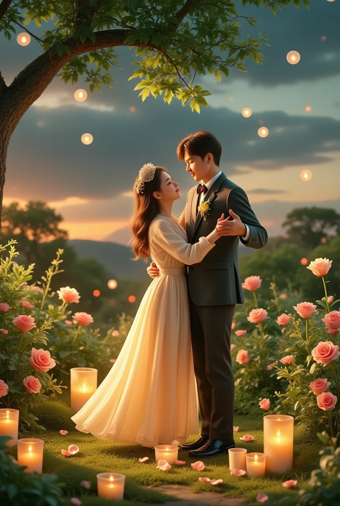 Share a romantic dance , 情人Festival'Festival,一对情侣在迷人的garden中心跳浪漫的舞蹈. The scene is illuminated by floating candles and lanterns , projects a warm , Gently. garden , From the delicate petals of flowers to the verdant leaves , 错综复杂的细Festival以惊人的8K分辨率呈现 . The couple, Immerse yourself in your arms , Exudes deep love and connection . The atmosphere is full of magical magic , The soft light and serene beauty of the surroundings brightens up the surrounding environment .