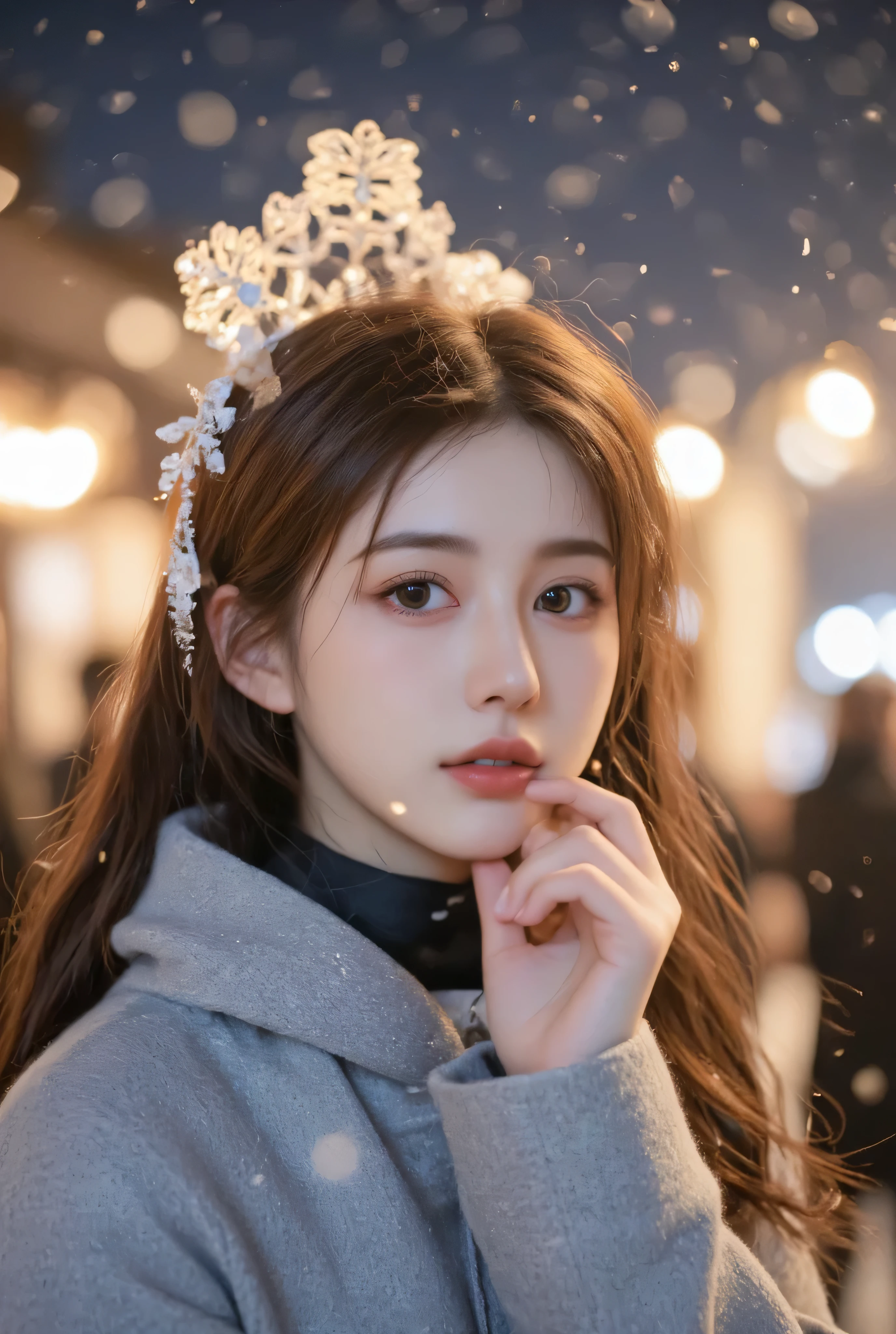 （masterpiece, best quality :1.2), winter,1 woman, [white breath] 、( Fantastic)Winter Festival 、 Snowflakes、❄️、cinematic lighting ,focus on her face,background blur,  fantastic