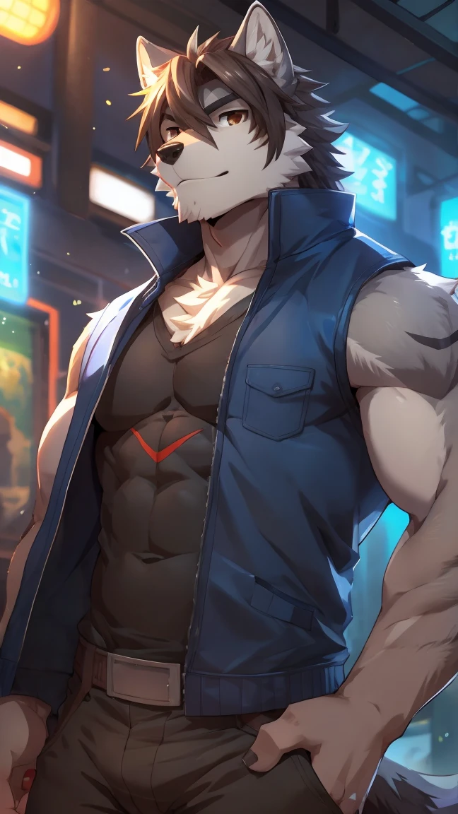 anime - style image of a muscular man with a green glow, concept art by Kamagurka, pixiv contest winner, furry art, muscular werewolf, commission for high res, furry chest, immense detail, muscular! cyberpunk, neon edges on bottom of body, evangelion beast mode, anthropomorphic wolf male, good boy giant mecha wolf hound