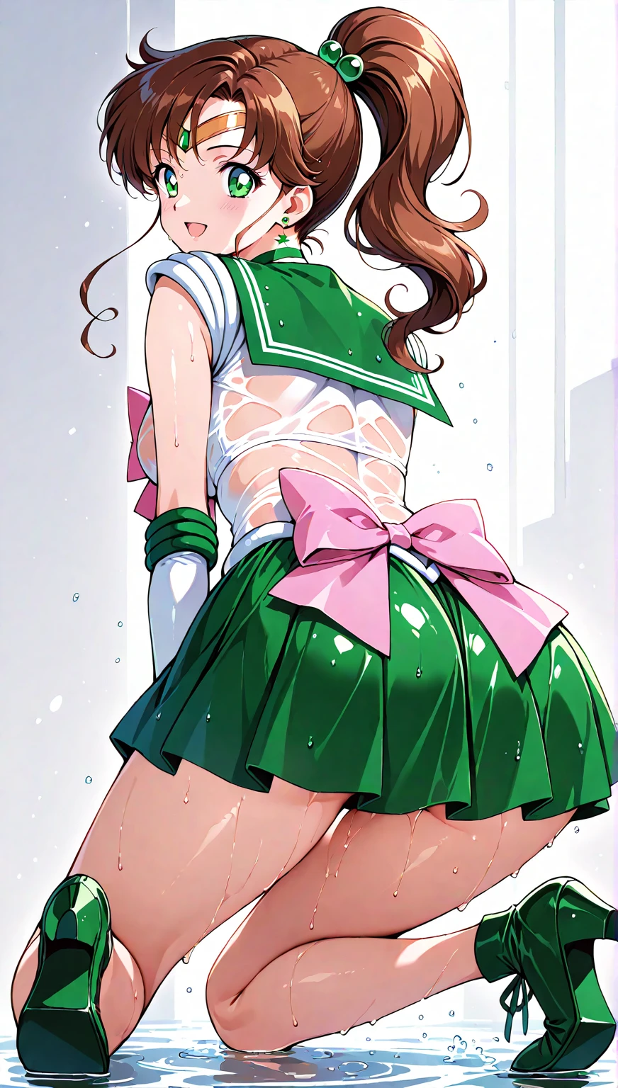 ​masterpiece, top-quality, Hi-Res, hmjupiter, verd s eyes, poneyTail, tiarra, jewely, Sailor Senshi Uniform, Green sailor color, a choker, elbowgloves, white glove, pink bows, brooches, Leotard, Green skirt, Green short boots, pin heels, full body Esbian, natta, a moon, A smile, embarrassed from, red blush, Squatting on the ground, (Open your crotch wide from side to side:1.4), (Arms behind your head:1.3), (Show off both sides:1.3), gazing at viewer, (Face the viewer:1.3), (Open your crotch wide to the viewer:1.4),  ( Shooting from the front of the body:1.4), Low camera position, (Sheer:1.4)