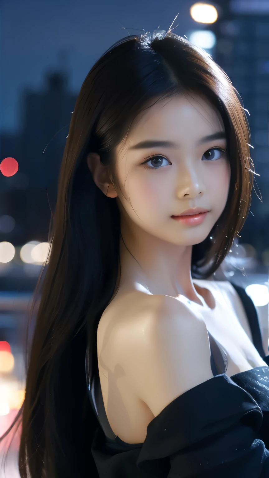 (best quality,4k,8k,highres,masterpiece:1.2),ultra-detailed,(realistic,photorealistic,photo-realistic:1.37),beautiful detailed eyes,beautiful detailed lips,extremely detailed eyes and face,longeyelashes,1girl,jennie blackpink,portrait,photography,vivid colors,warm tones,soft lighting,stylish outfit,confident pose,subtle smile,black hair,navy blue top,fine jewelry,cityscape background,nighttime atmosphere,bokeh
