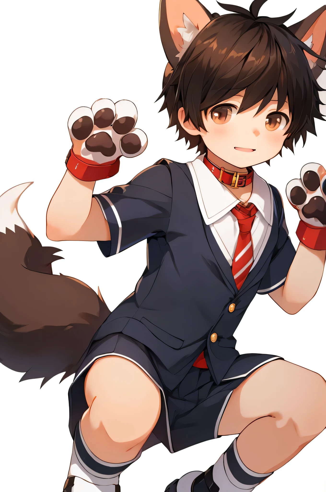 masterpiece, Best Quality , 1 boy , dark hair ,school uniforms, actual , ((Human)),Shota, fake dog ears ,Dog Collar,fake dog tail , big paw gloves, big paw shoes , furry, white background, pure background